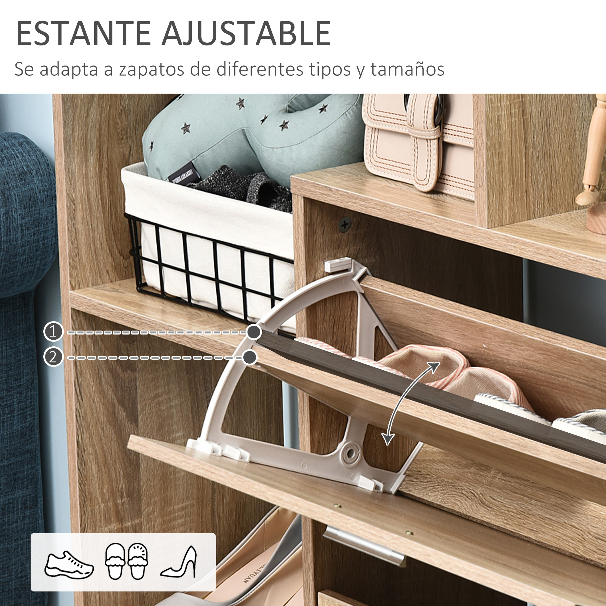 Un zapatero de madera con estantes abatibles, cojines y bolsos.