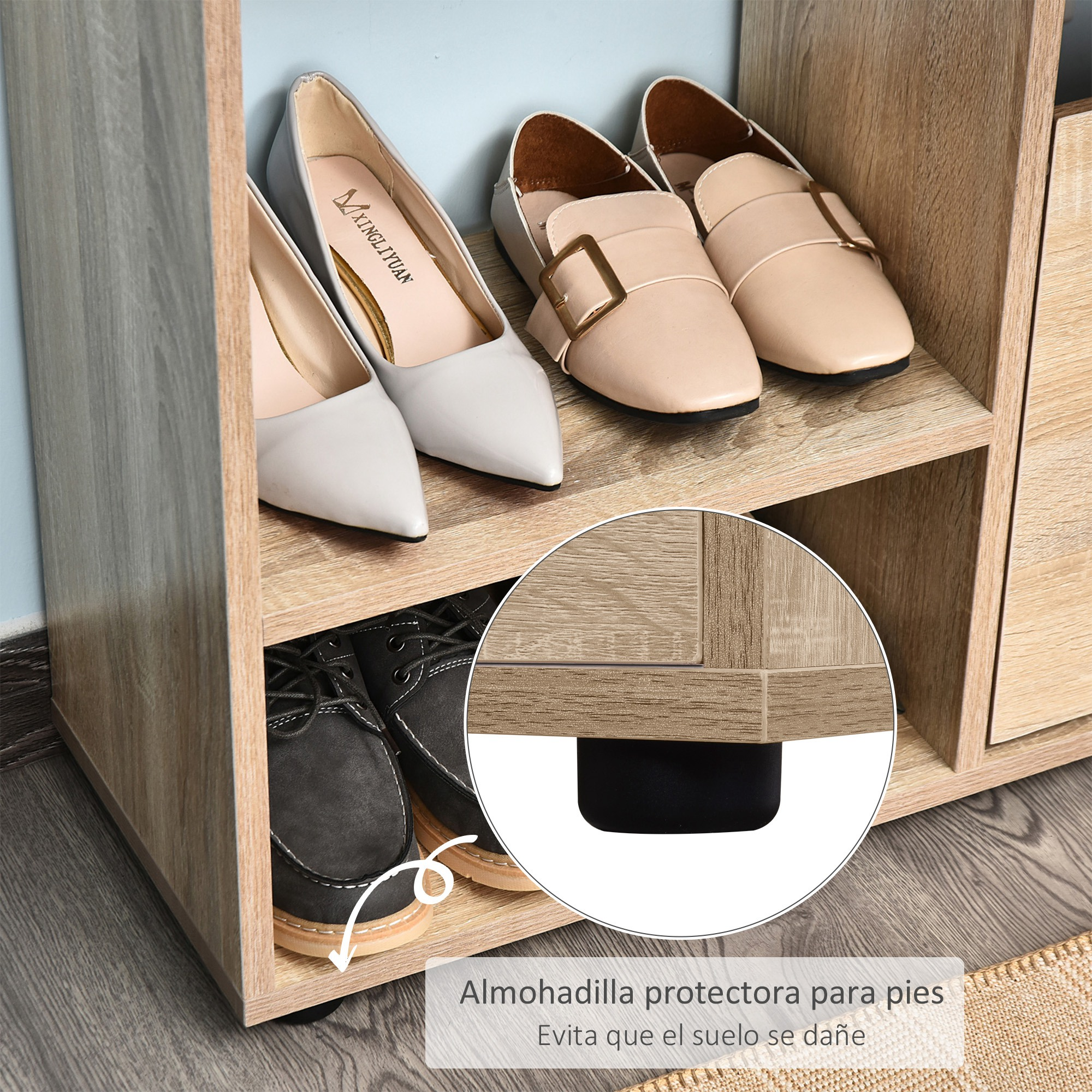 Zapatero con zapatos de mujer y hombre. Primer plano de los pies con protección.