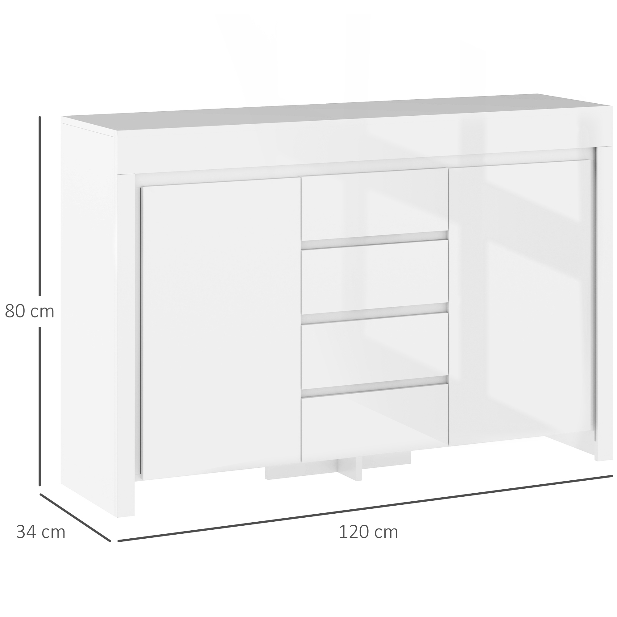 Aparador blanco con cuatro cajones y una puerta, medidas 120x80x34cm.