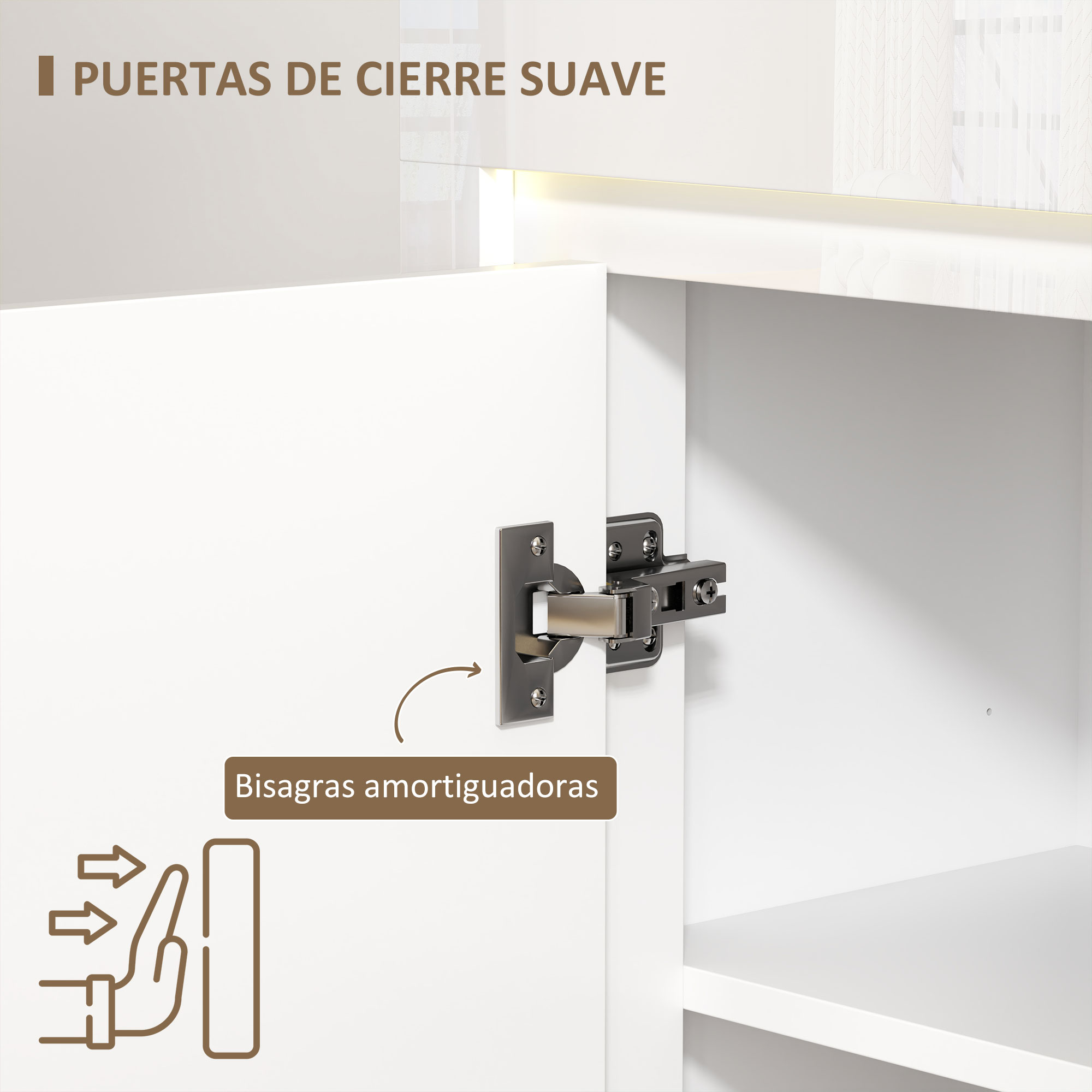 Un armario blanco que muestra sus bisagras, con texto sobre puertas de cierre suave.