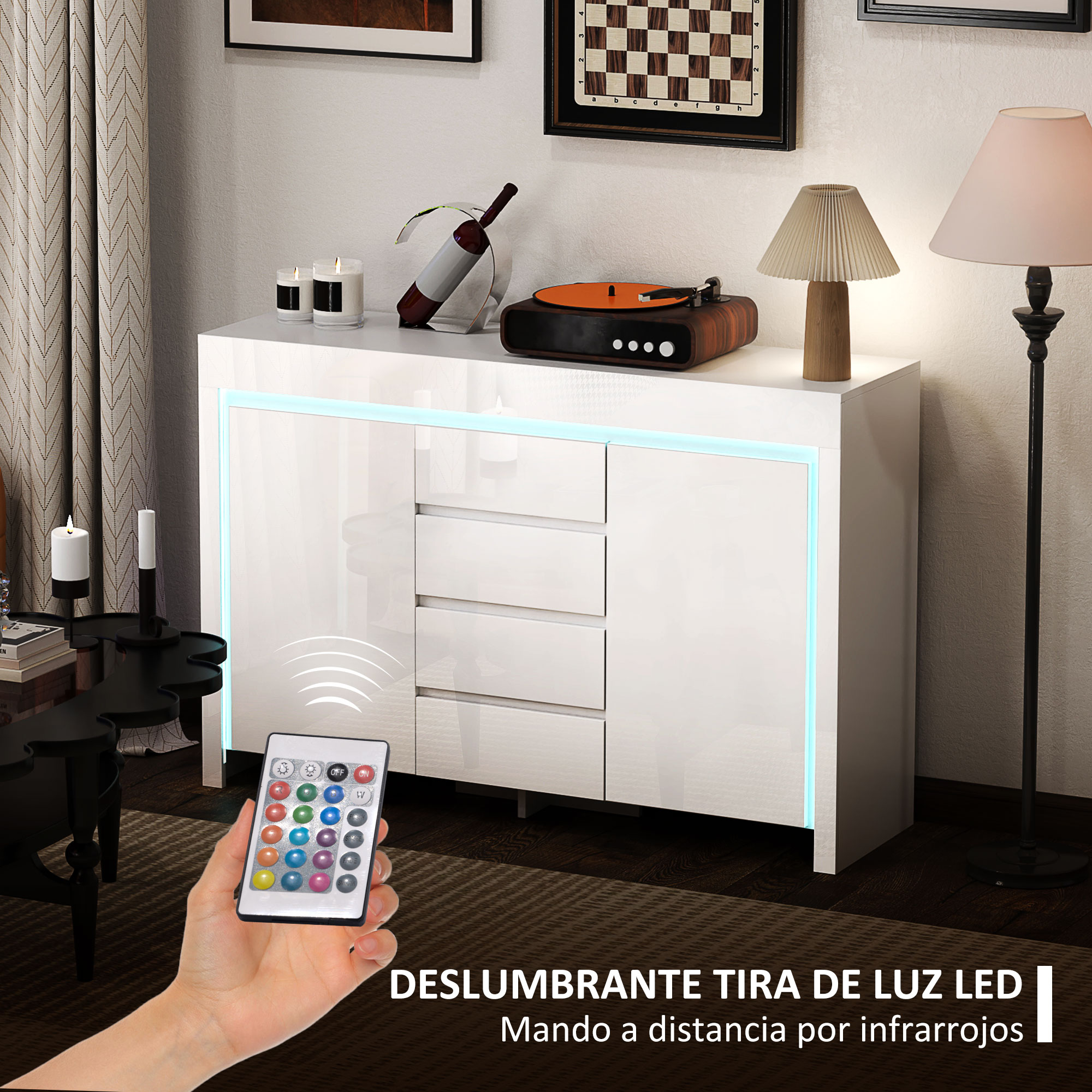Moderna aparador blanca con iluminación LED, sostenida por una mano con mando a distancia.