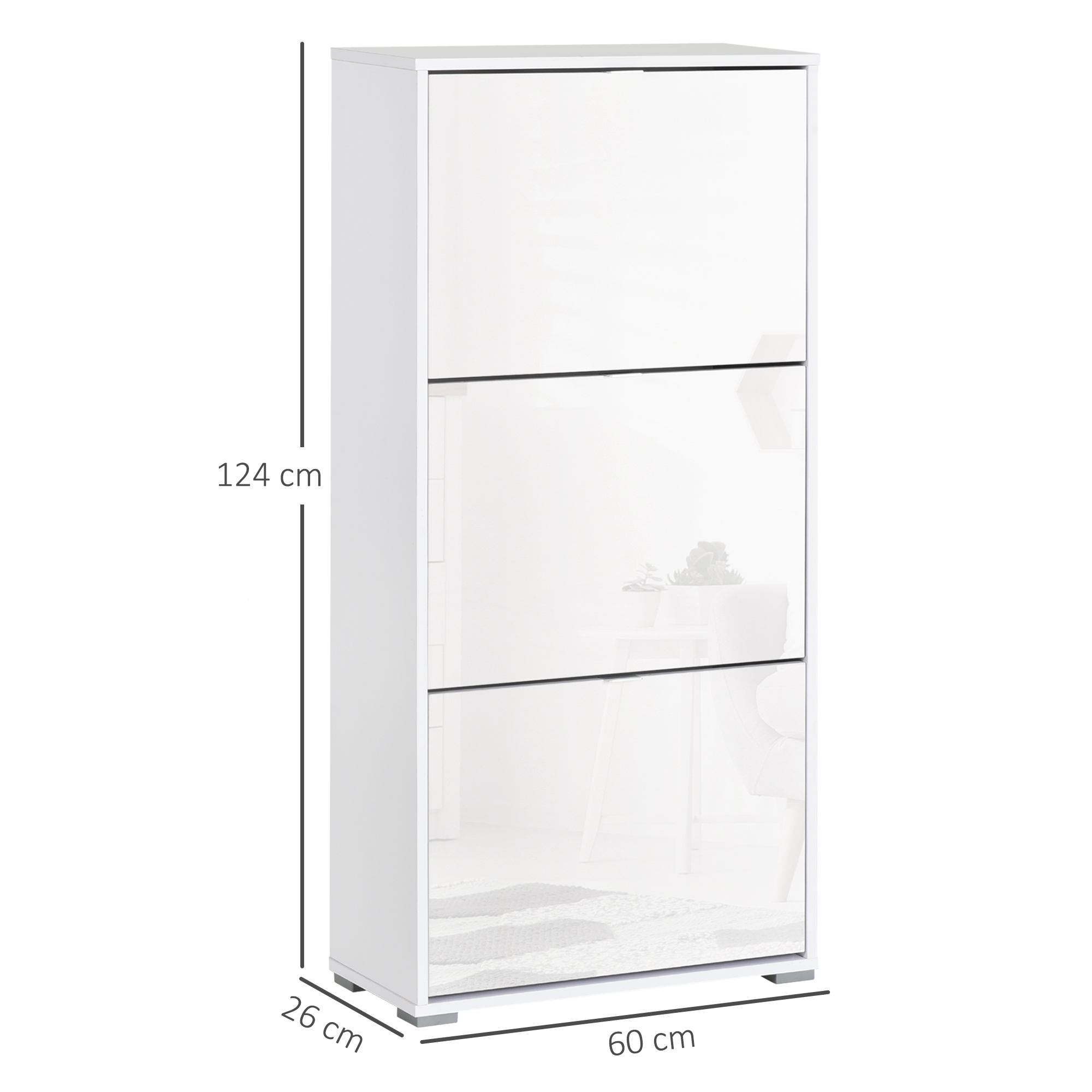 Un zapatero blanco de tres puertas abatibles, mide 124x60x26 cm.