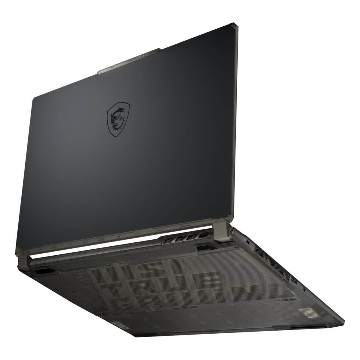 Zamknięty czarny laptop z logo MSI i podświetlanym paskiem.