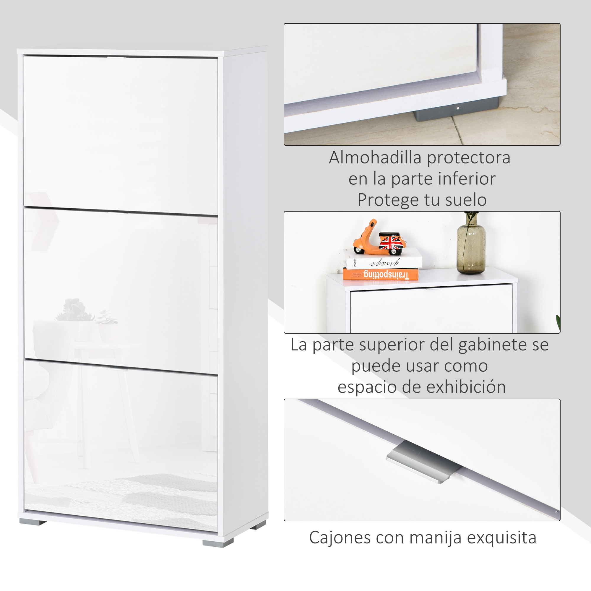Gabinete blanco con tres cajones abatibles, mostrando detalles de pies y tirador.