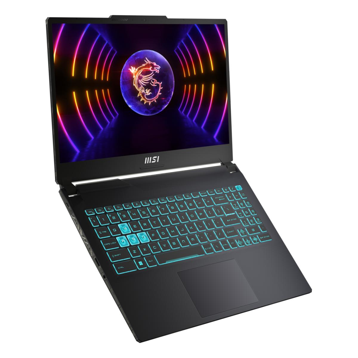 Czarny laptop gamingowy MSI z podświetlaną klawiaturą i logo smoka.