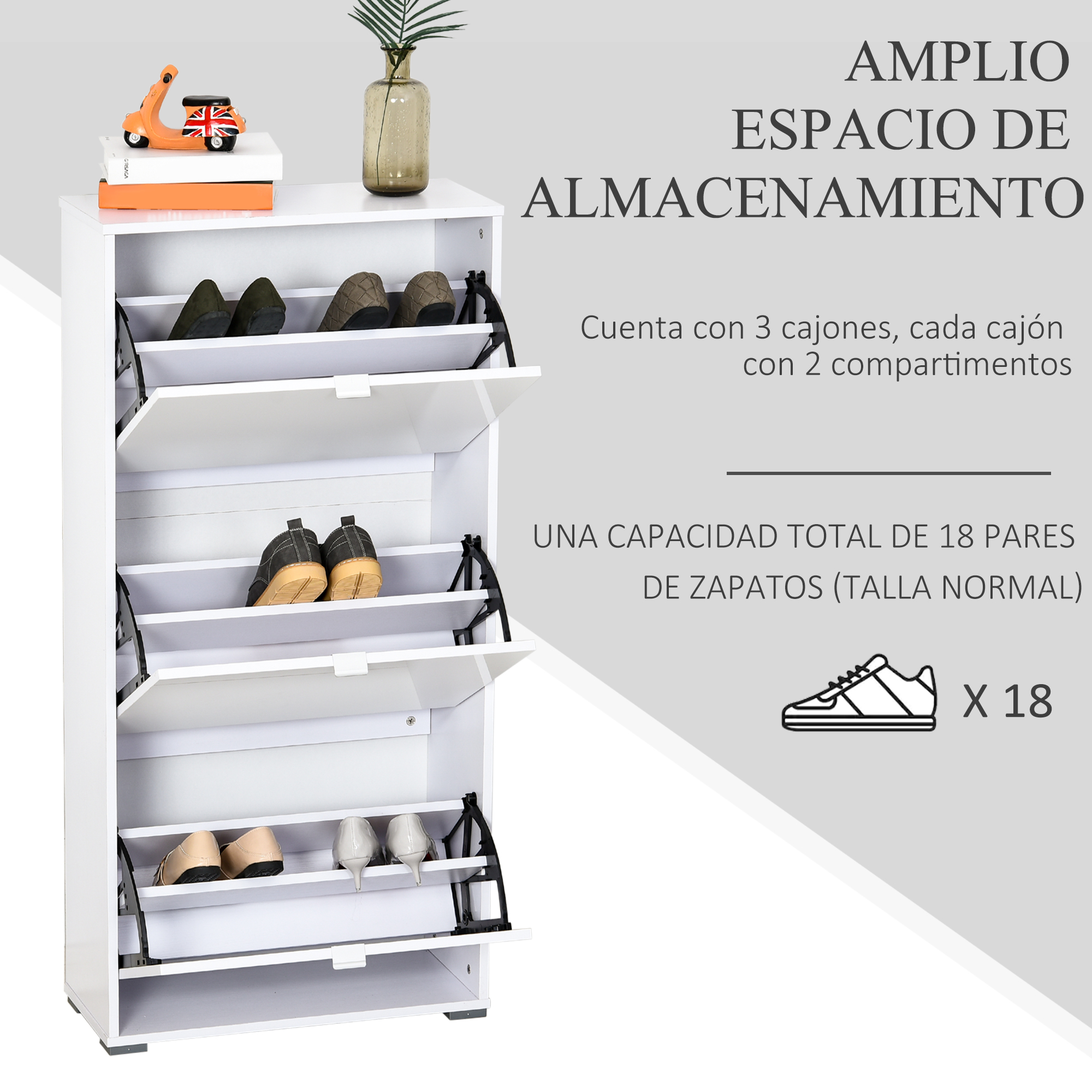 Un zapatero blanco con 3 cajones abatibles, que contiene varios zapatos.