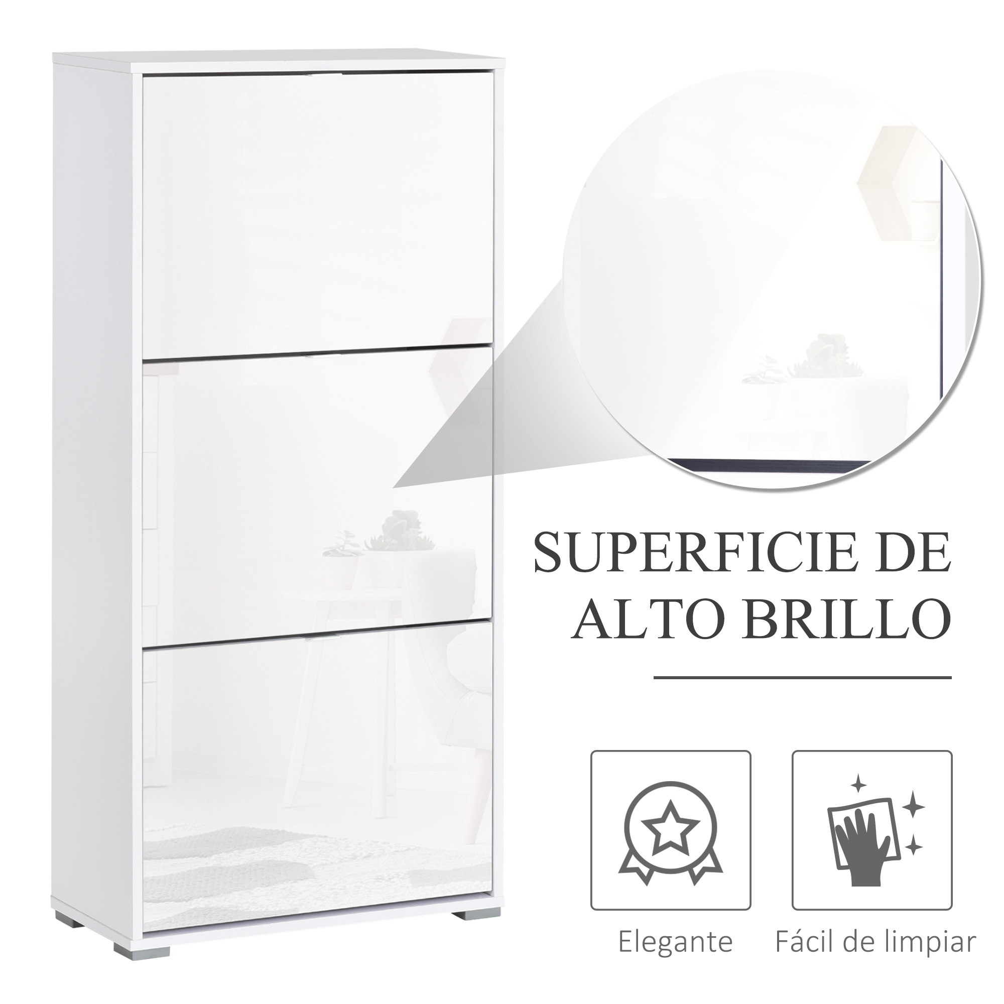Zapatero blanco moderno con tres puertas abatibles de alto brillo.