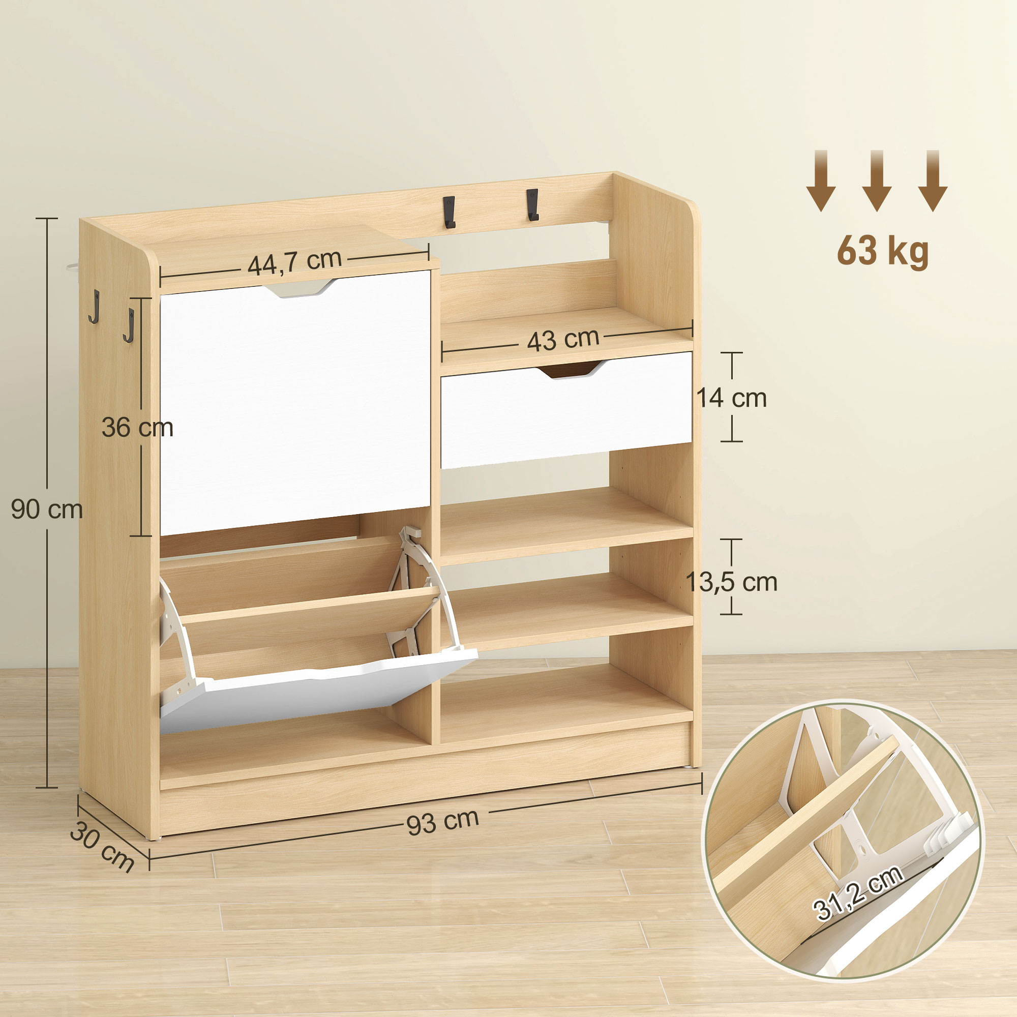 Un zapatero de madera clara con cajón blanco, compartimentos abatibles y medidas.