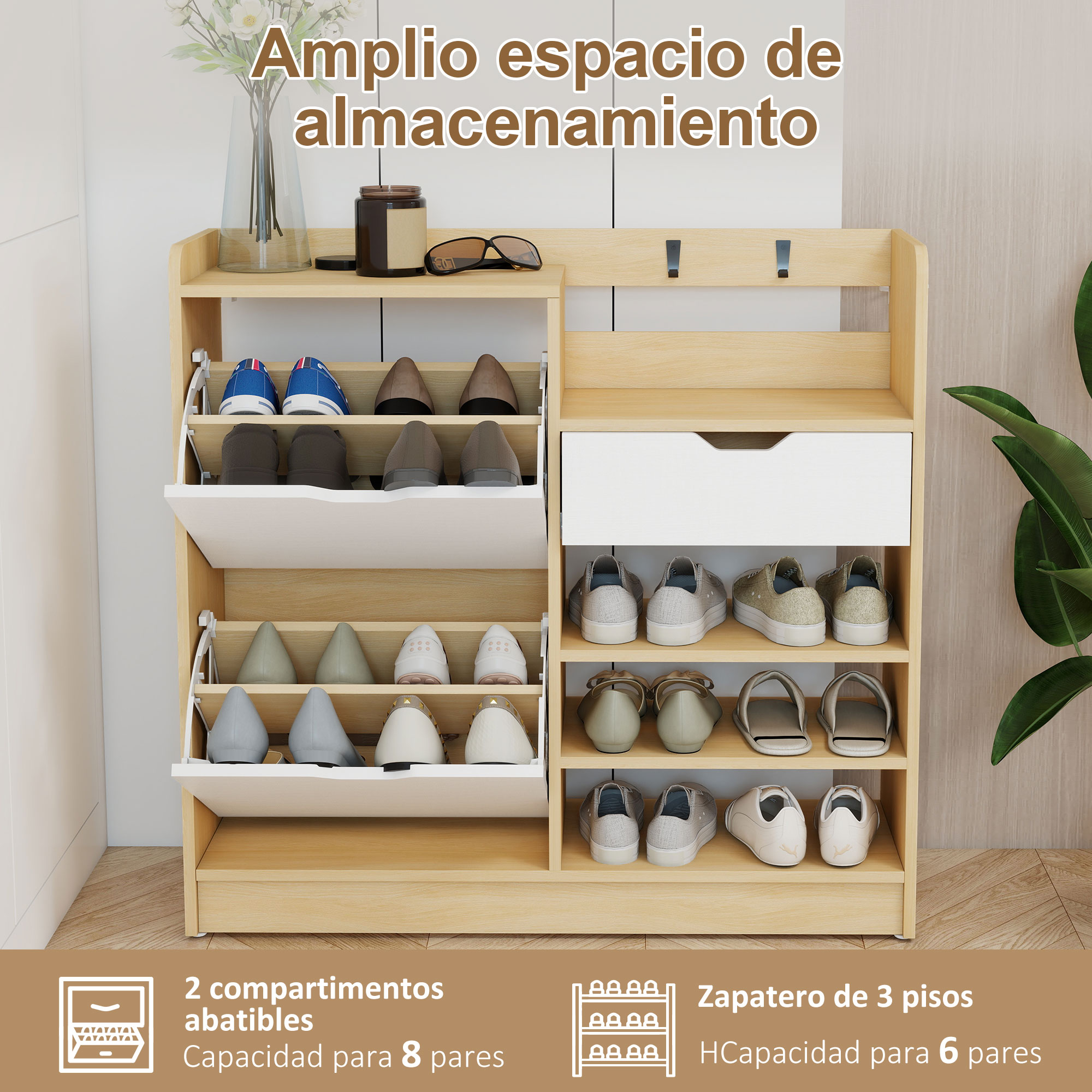 Un zapatero de madera con varios estantes y cajones, lleno de zapatos.