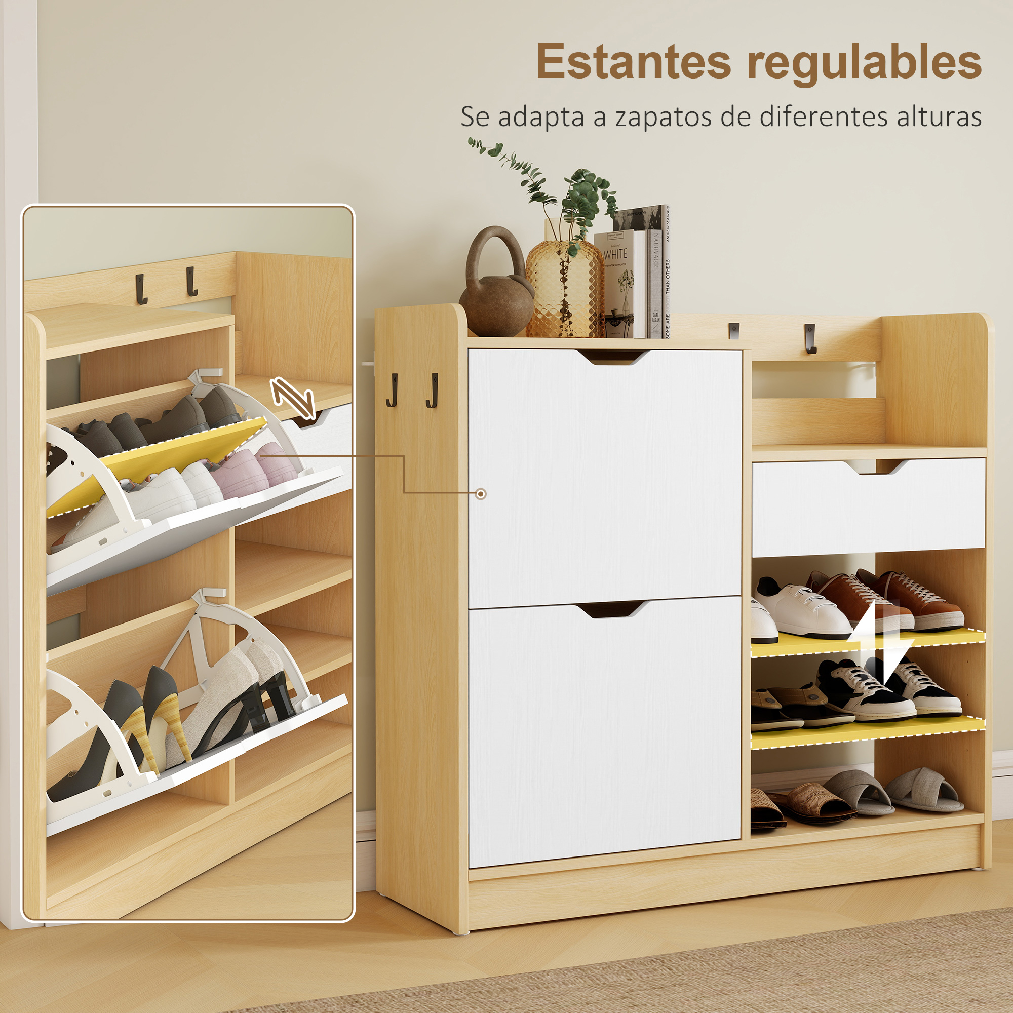Un zapatero de madera con cajones blancos y estantes abiertos, lleno de zapatos.