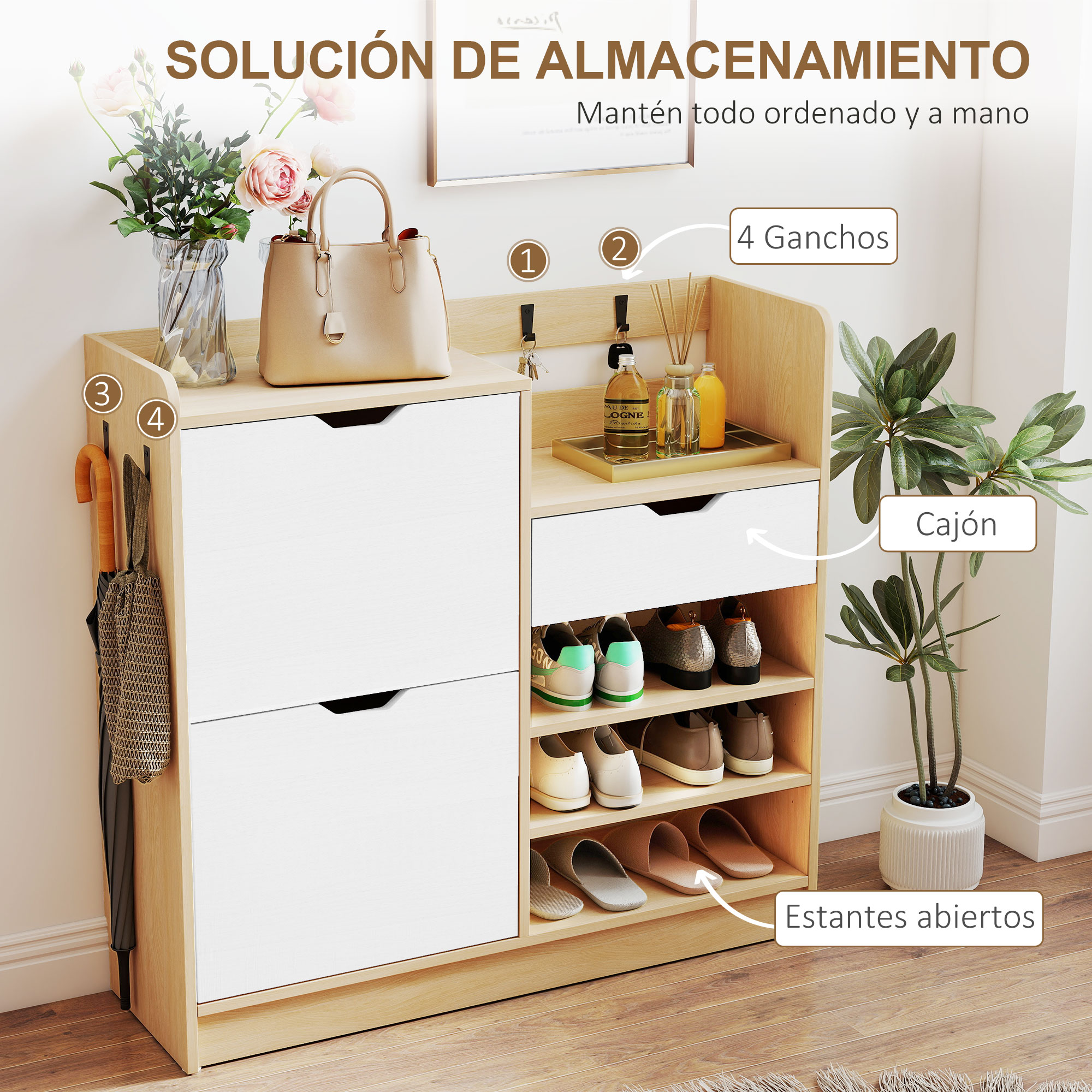 Un mueble de almacenaje de madera con cajones blancos, zapateros y ganchos.