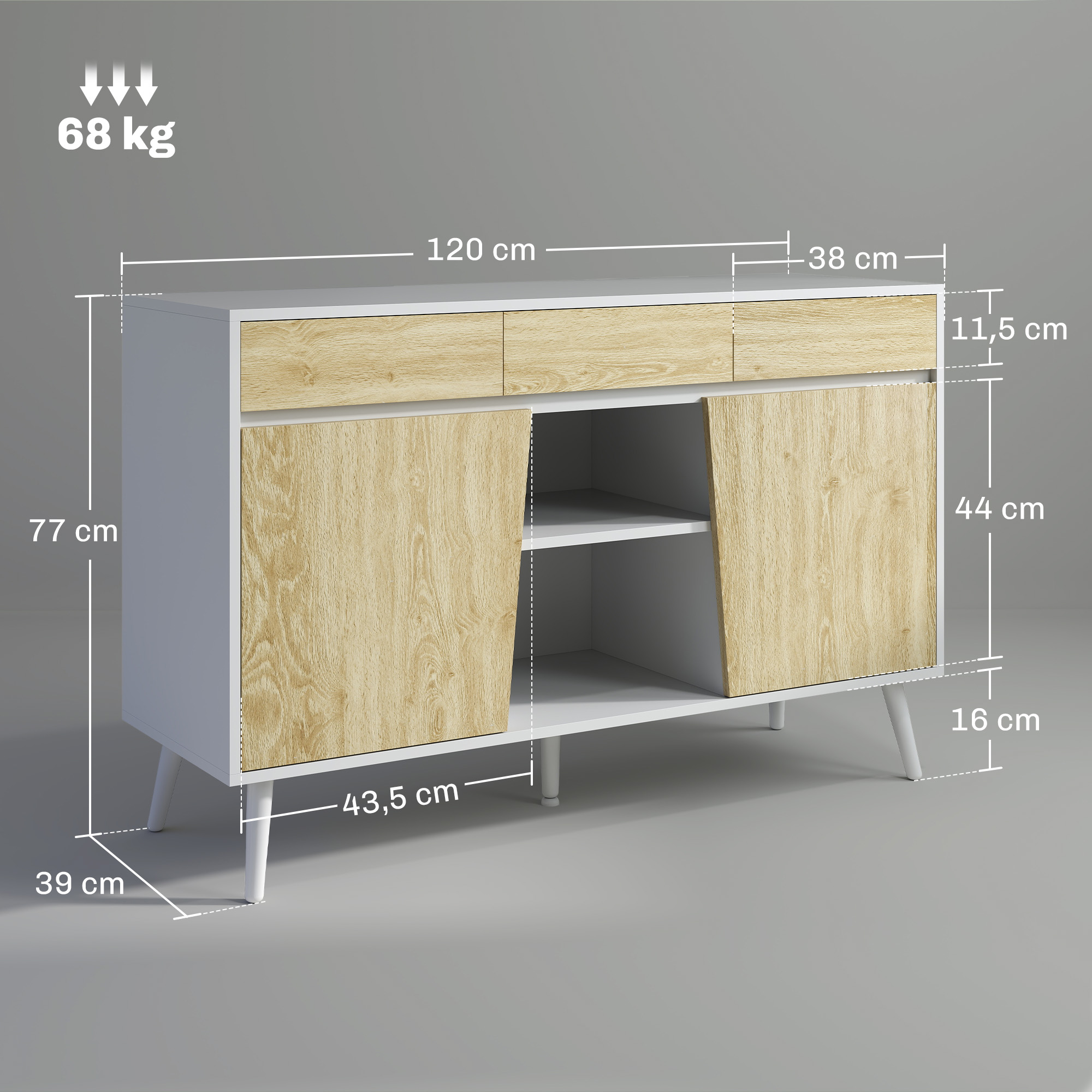Un mueble blanco y de madera con dimensiones indicadas. Tiene 3 cajones y 2 puertas.