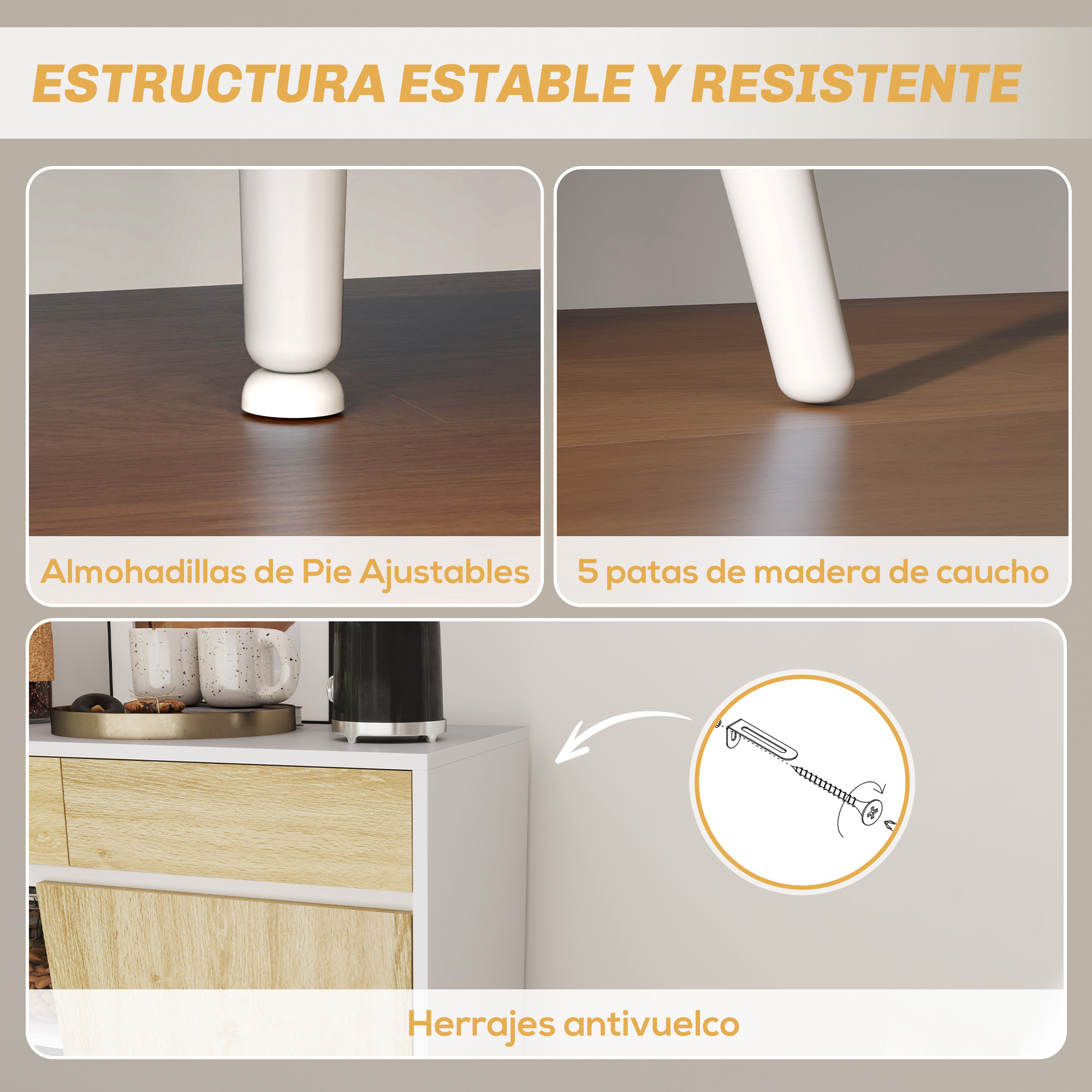 Detalles: pies ajustables, 5 patas de goma, herrajes antivuelco.
