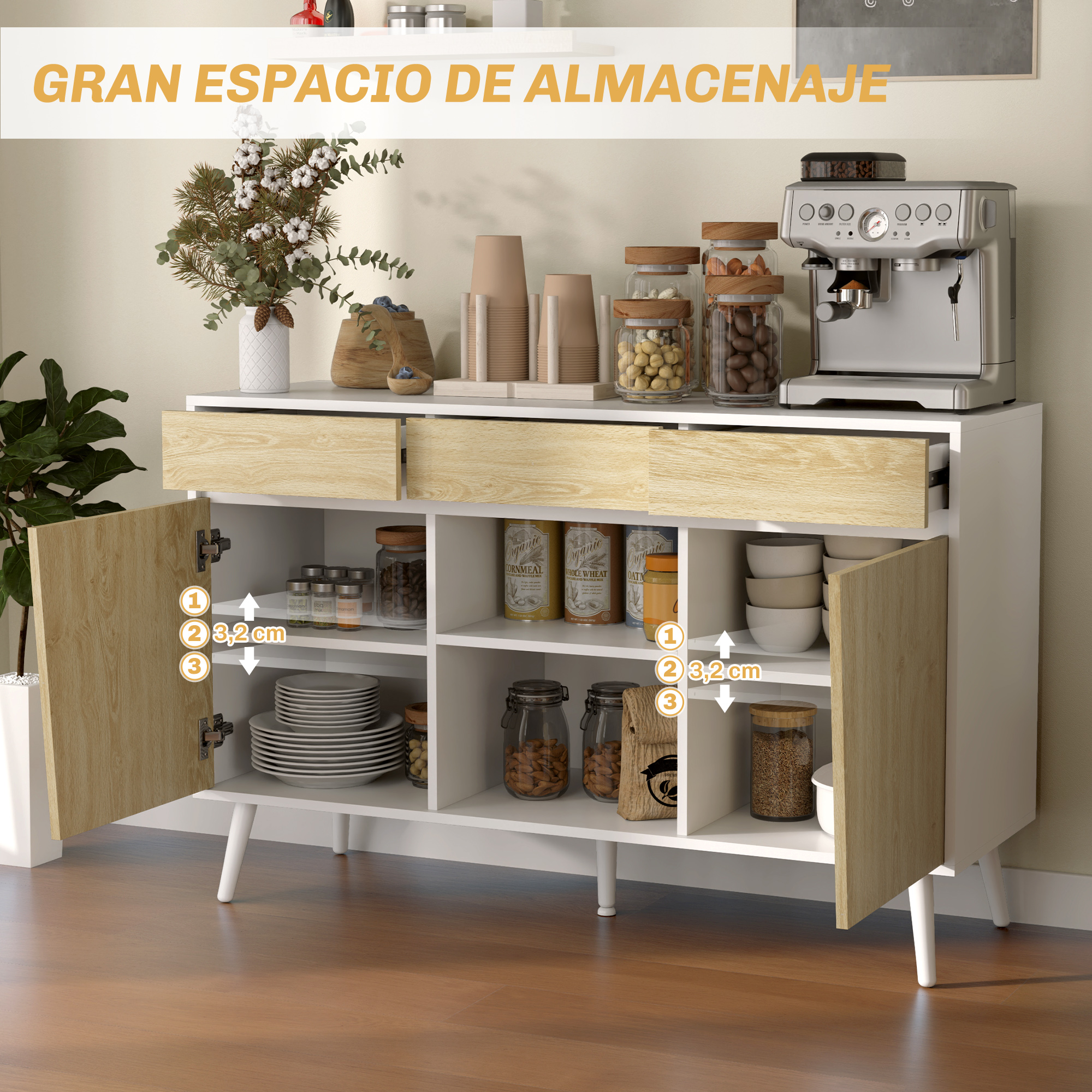Un mueble blanco con detalles de madera, cafetera, frascos y platos.