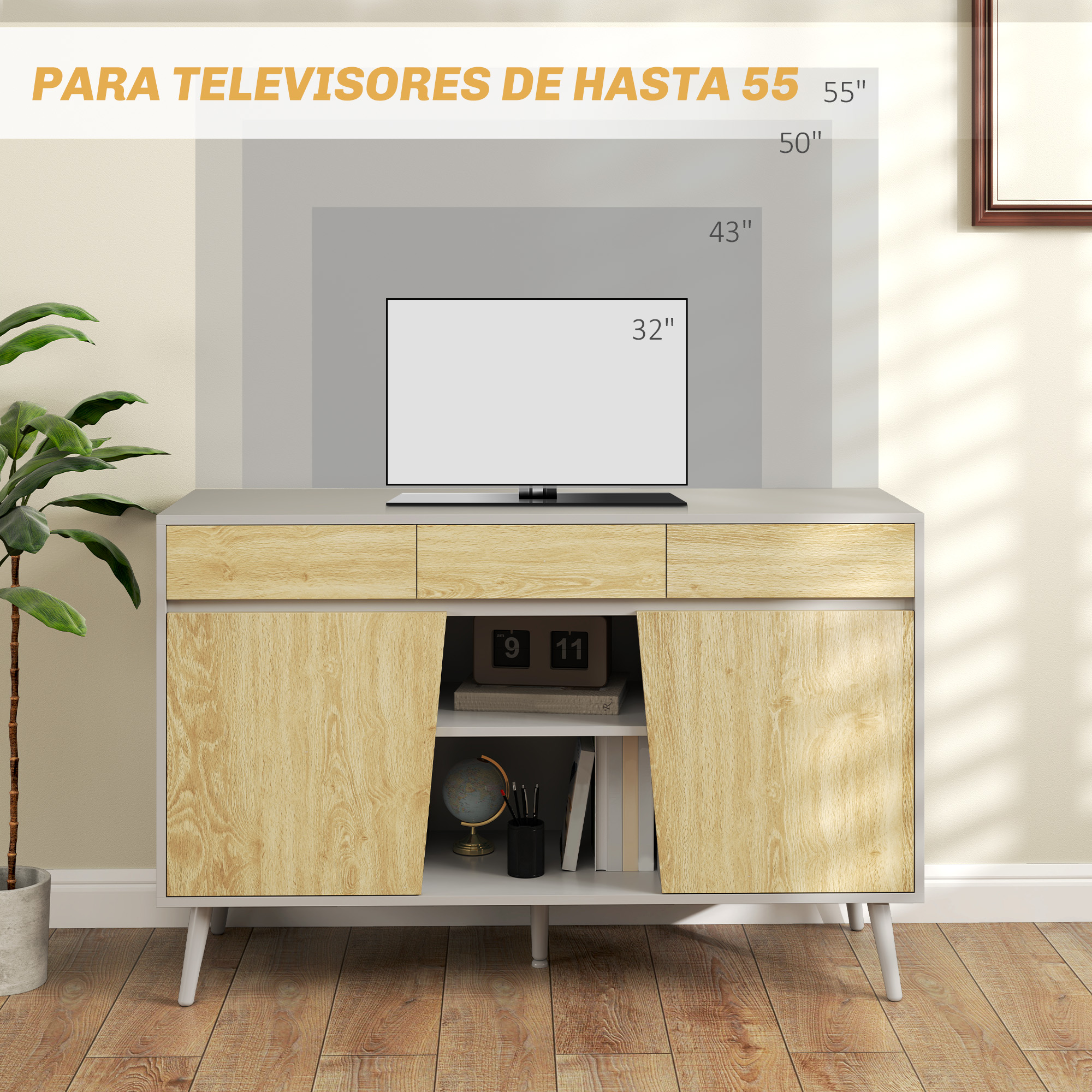 Un mueble de TV con puertas de madera, un estante y una planta al lado.