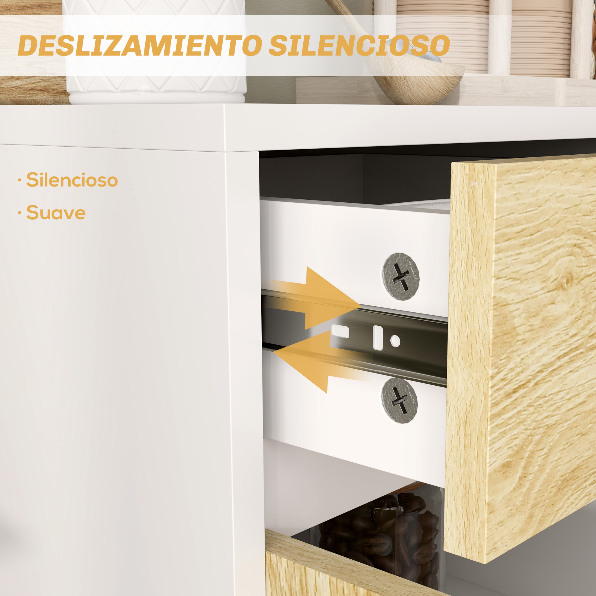 Un armario blanco con cajones y detalles de madera. Flechas apuntan a los rieles.