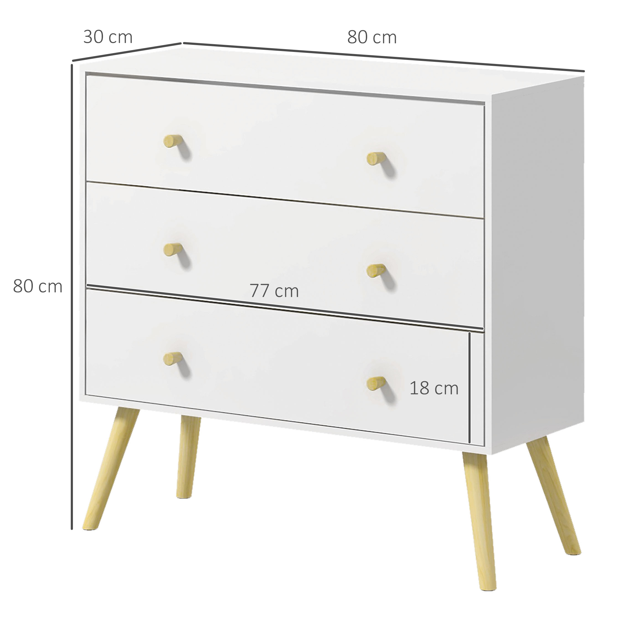 Cómoda blanca de tres cajones con patas de madera. Dimensiones: 80x80x30cm.