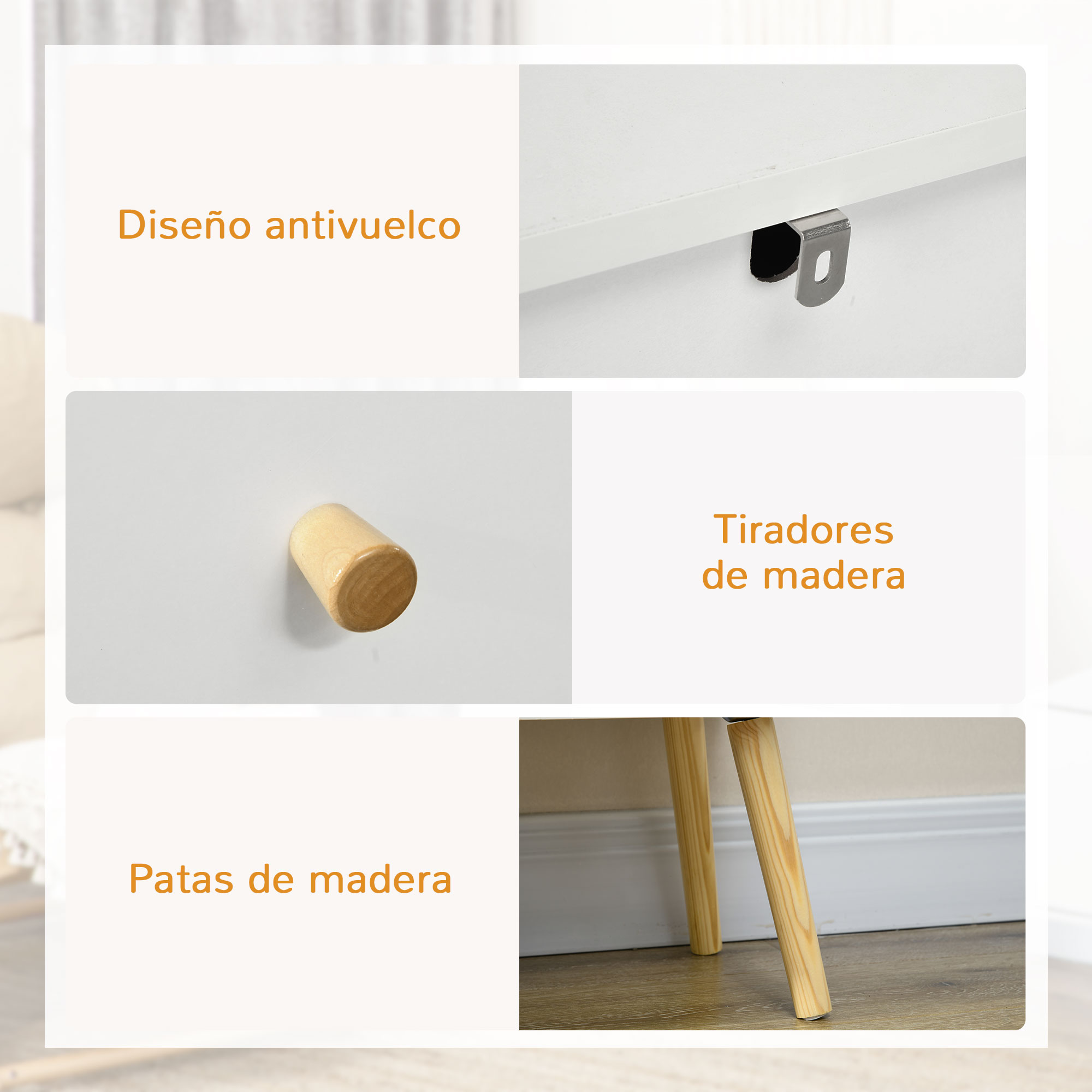 Diseño antivuelco, tiradores de madera, patas de madera y herrajes.