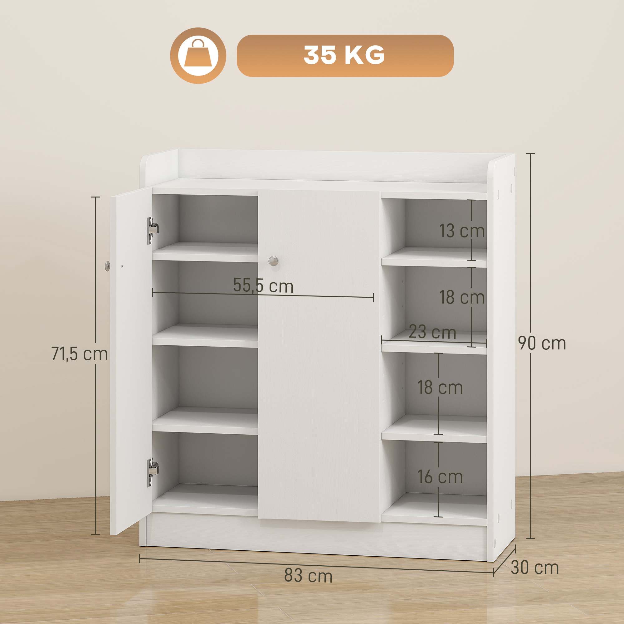 Un armario blanco con puertas abiertas, se indican las dimensiones.