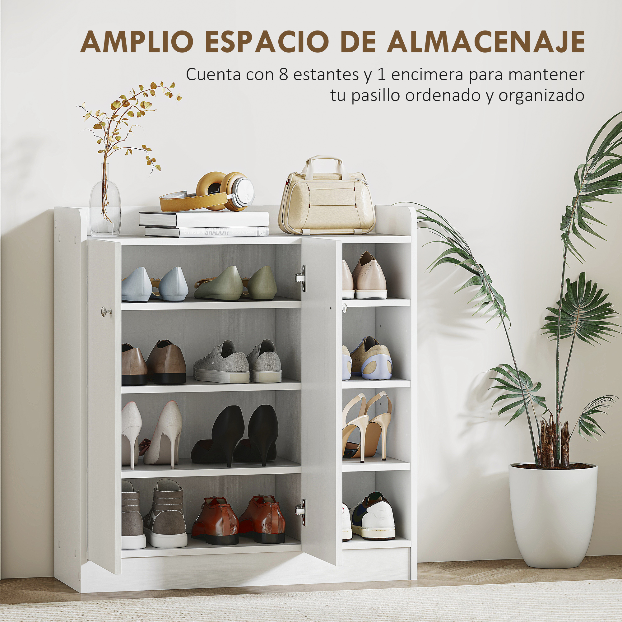 Un zapatero blanco con 8 estantes y una superficie superior, lleno de zapatos.