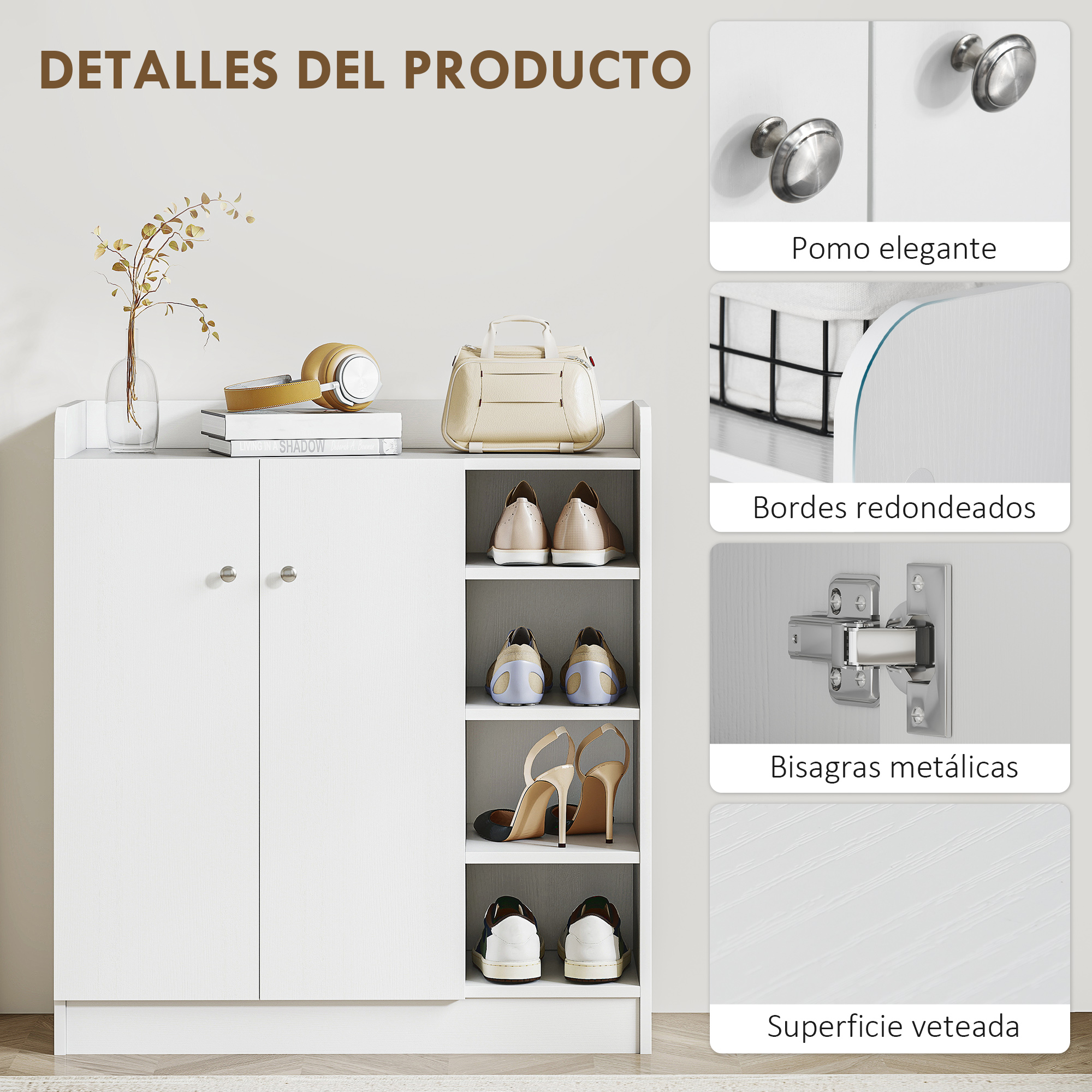 Un zapatero blanco con tiradores plateados y zapatos en sus estantes.