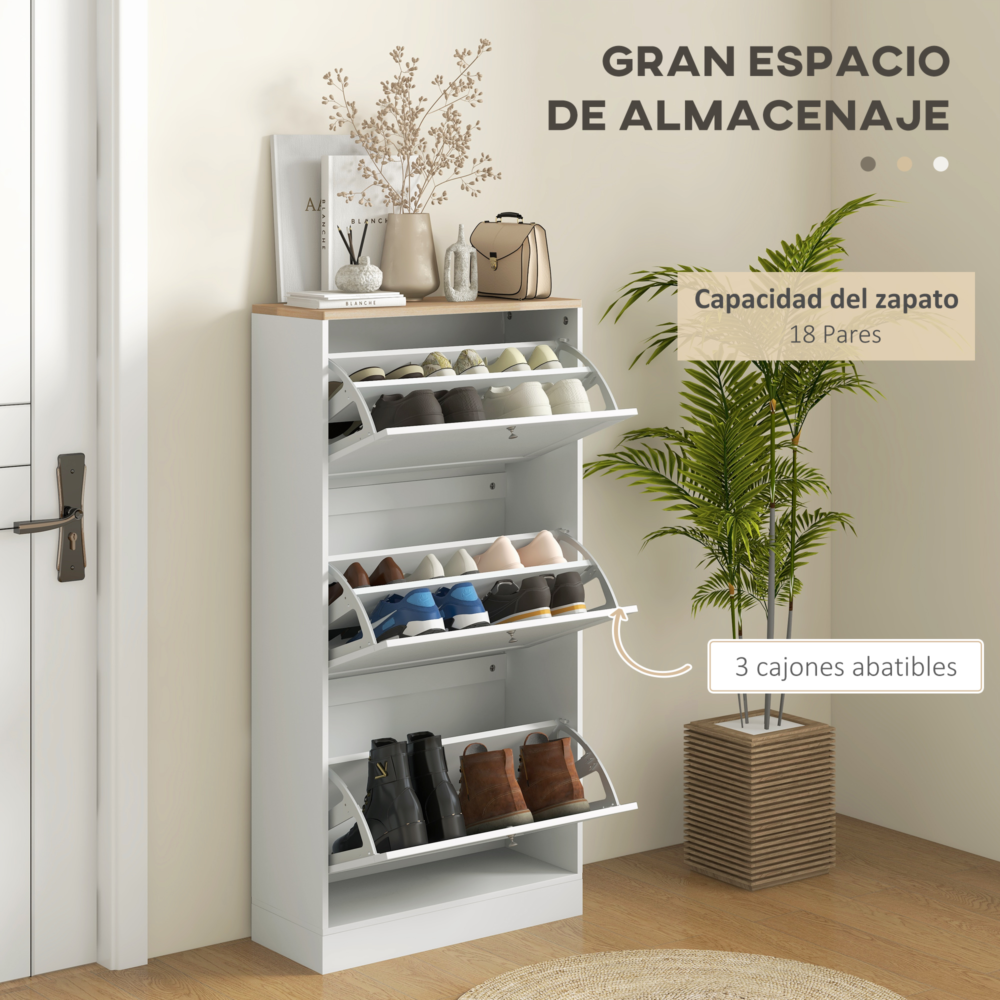 Un zapatero blanco con tapa de madera, lleno de zapatos y botas.