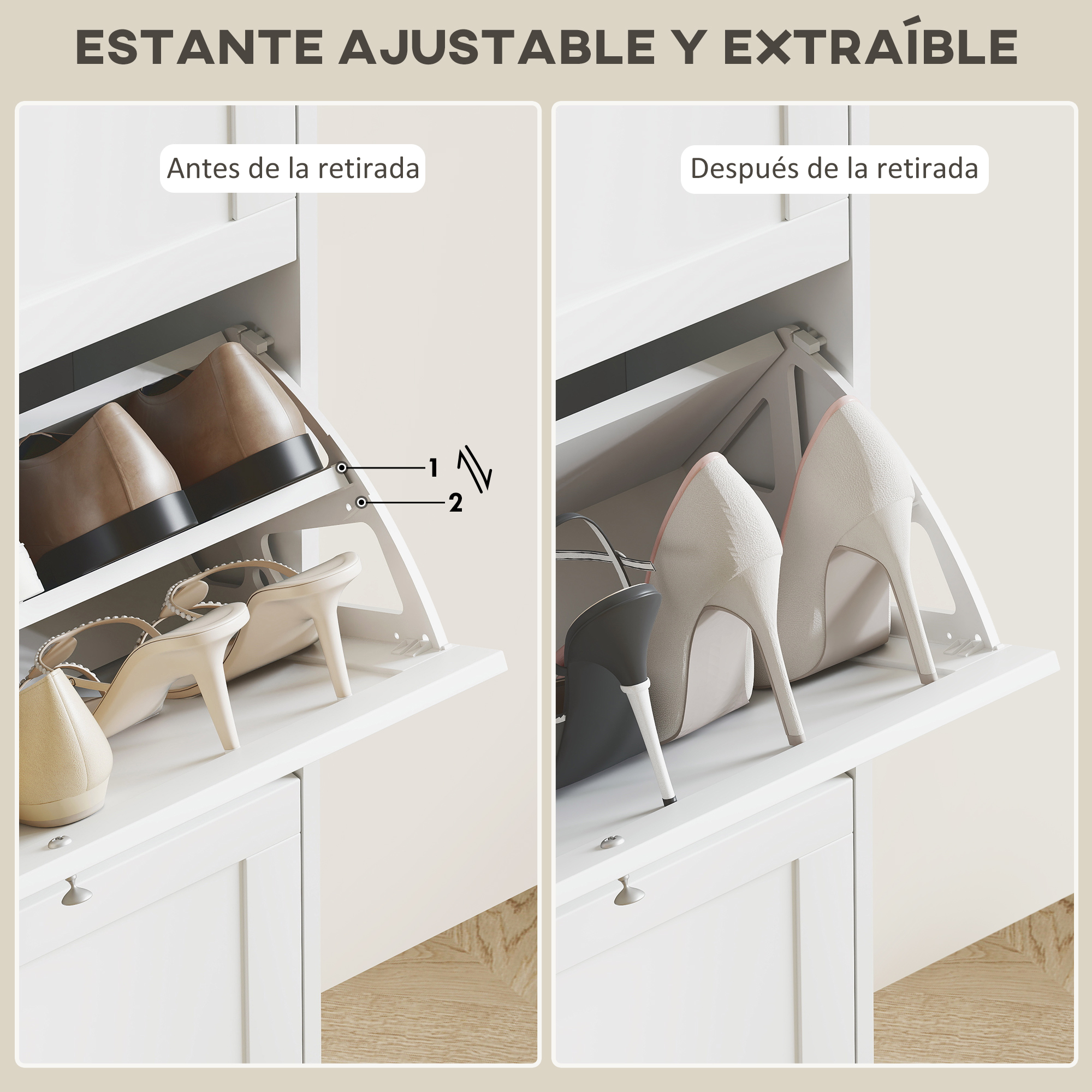 Dos compartimentos de zapatos de un armario blanco, uno con zapatos marrones y otro con claros.