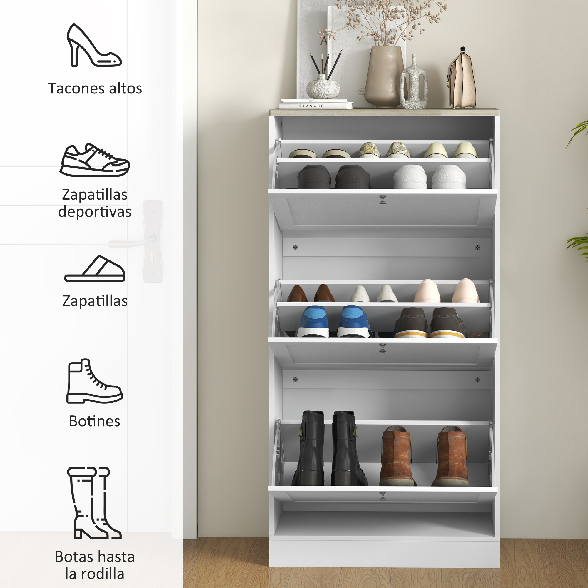 Un zapatero blanco con múltiples estantes llenos de varios zapatos.