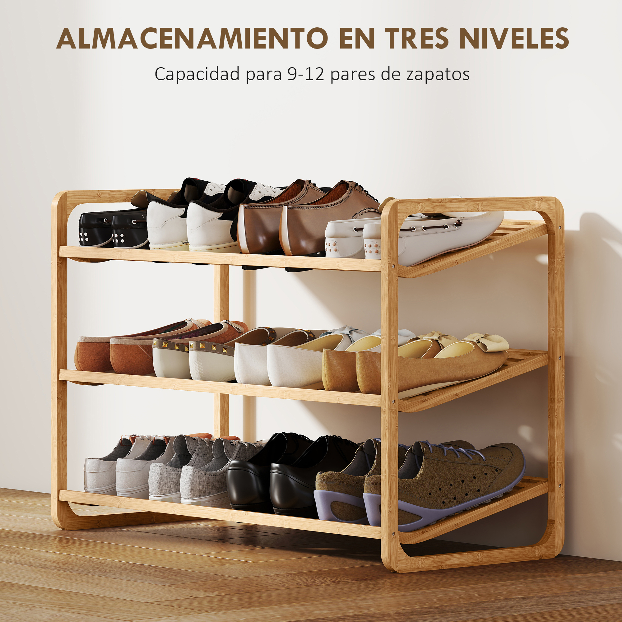 Un zapatero de bambú de tres niveles con varios zapatos.