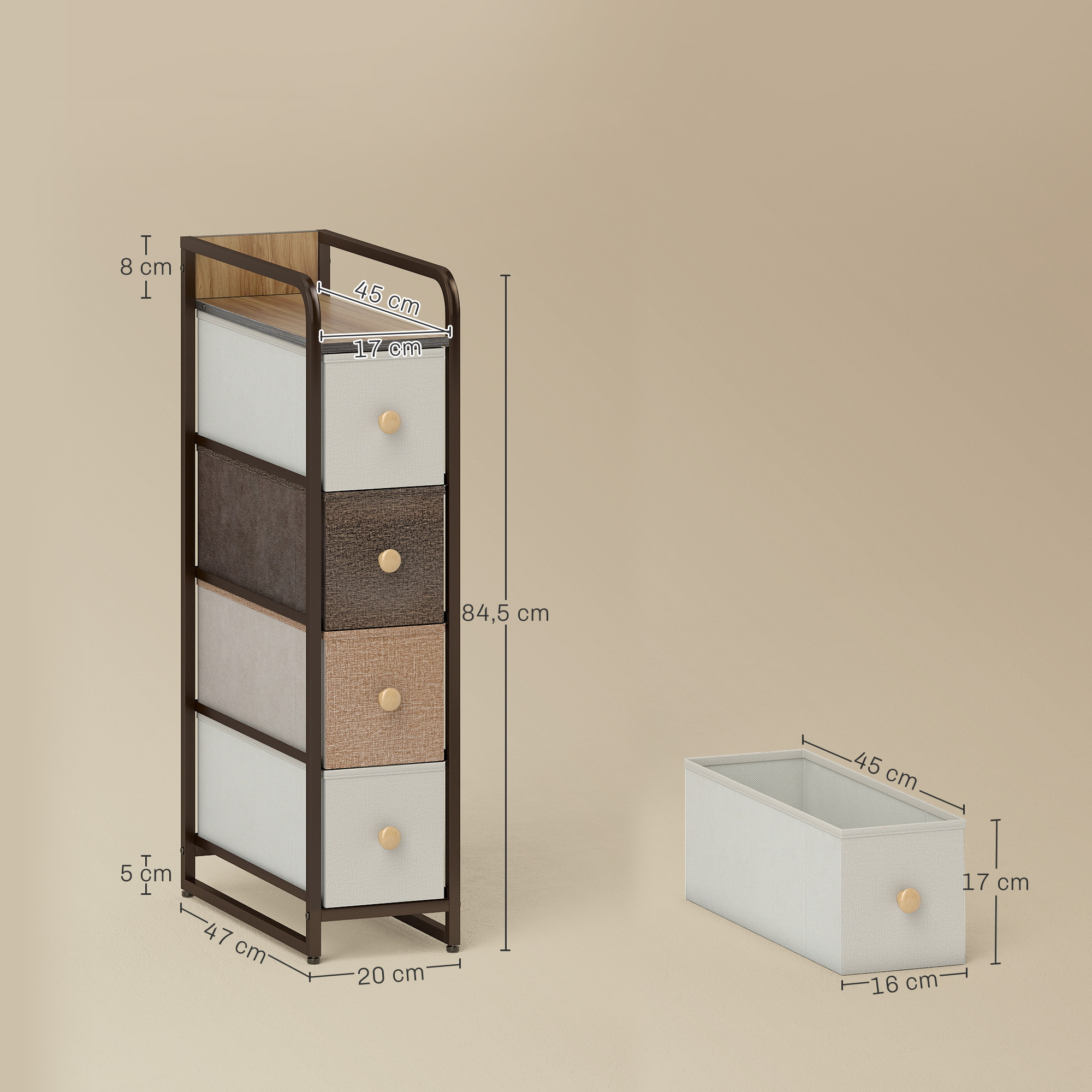 Un mueble de almacenaje estrecho y multicapa con cuatro cajones y un cajón aparte.