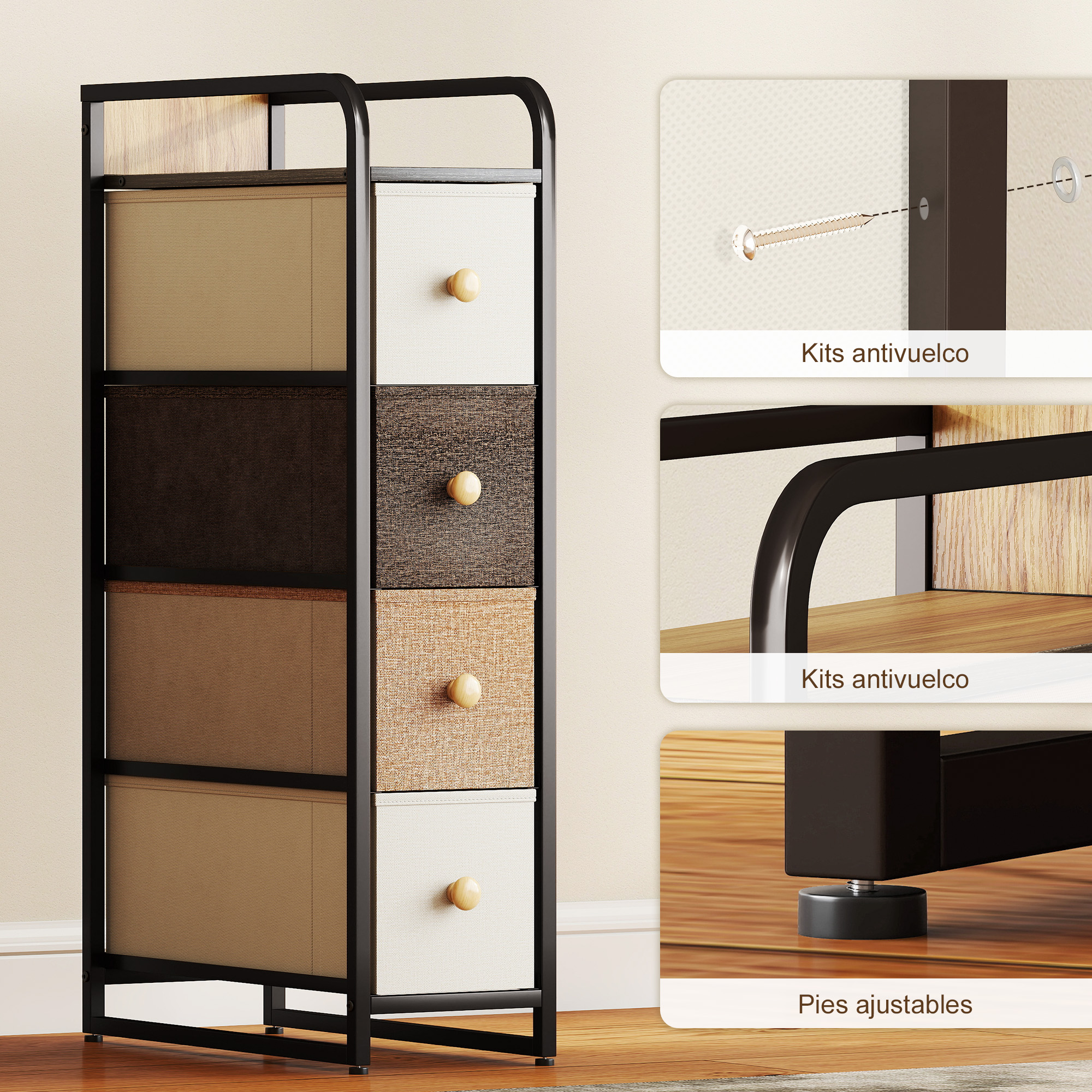 Mueble de cajones con cajones de tela beige, marrón y blanco, marco negro y patas ajustables.