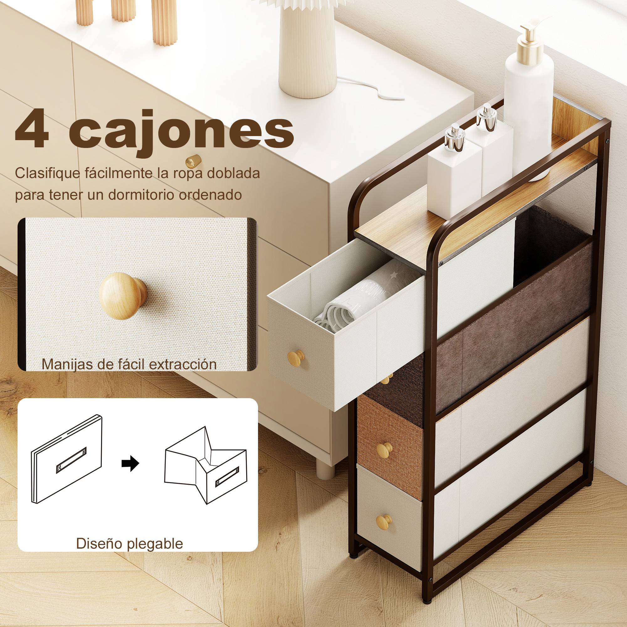 Armario estrecho de cuatro cajones, con un cajón abierto que contiene toallas.
