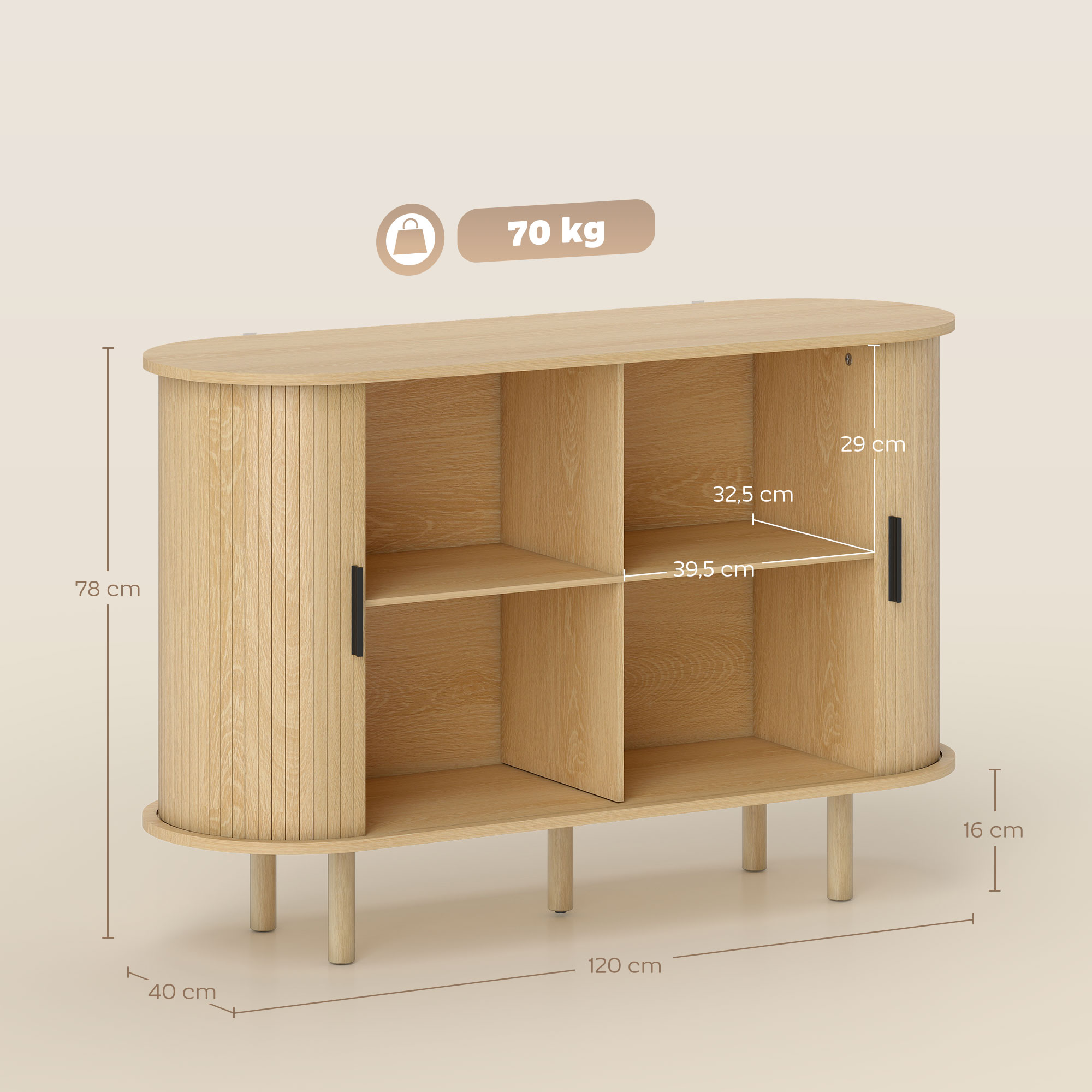 Un mueble de madera clara con 4 puertas, 78x120x40cm, capacidad 70kg.