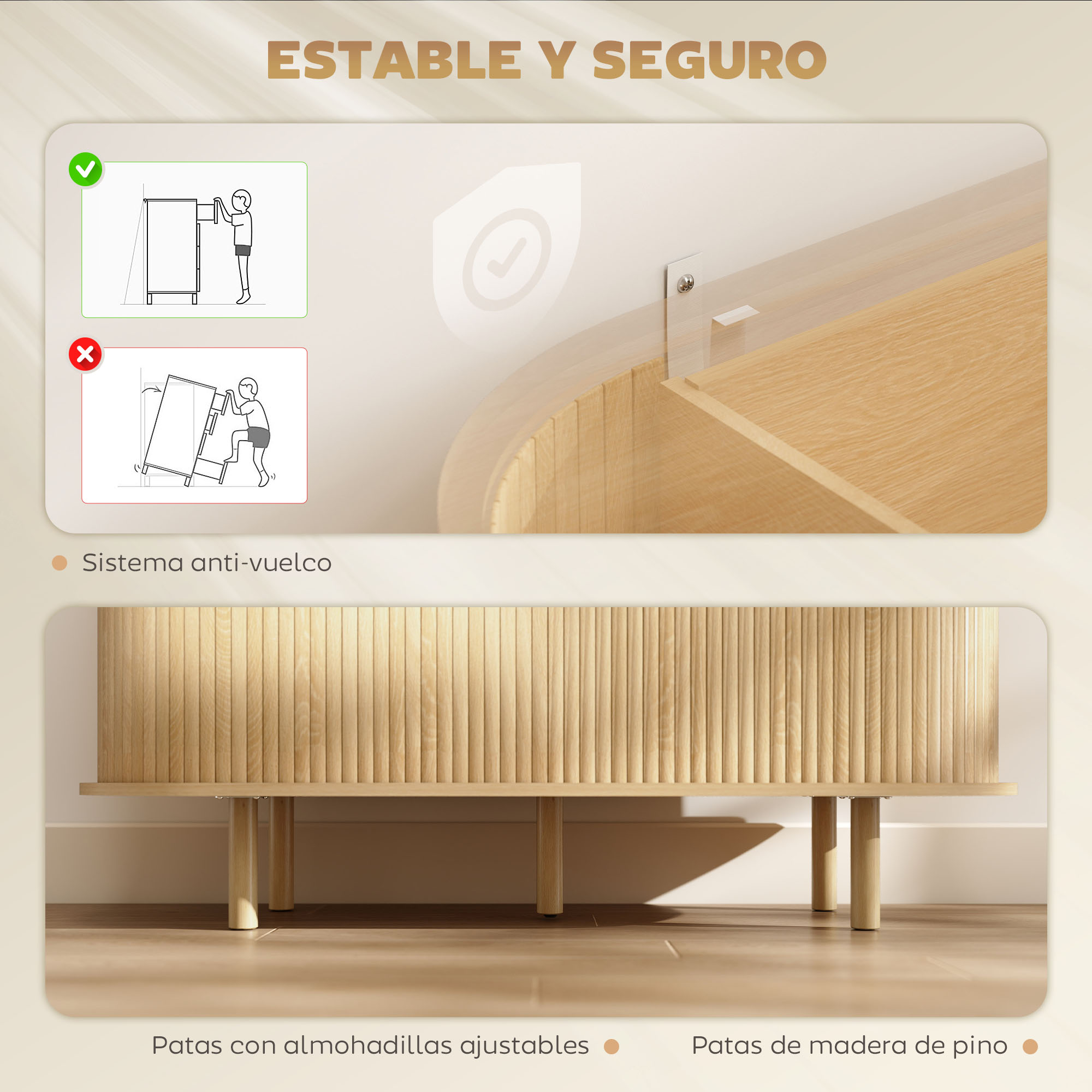 Ilustraciones de seguridad antivuelco y mueble de madera.