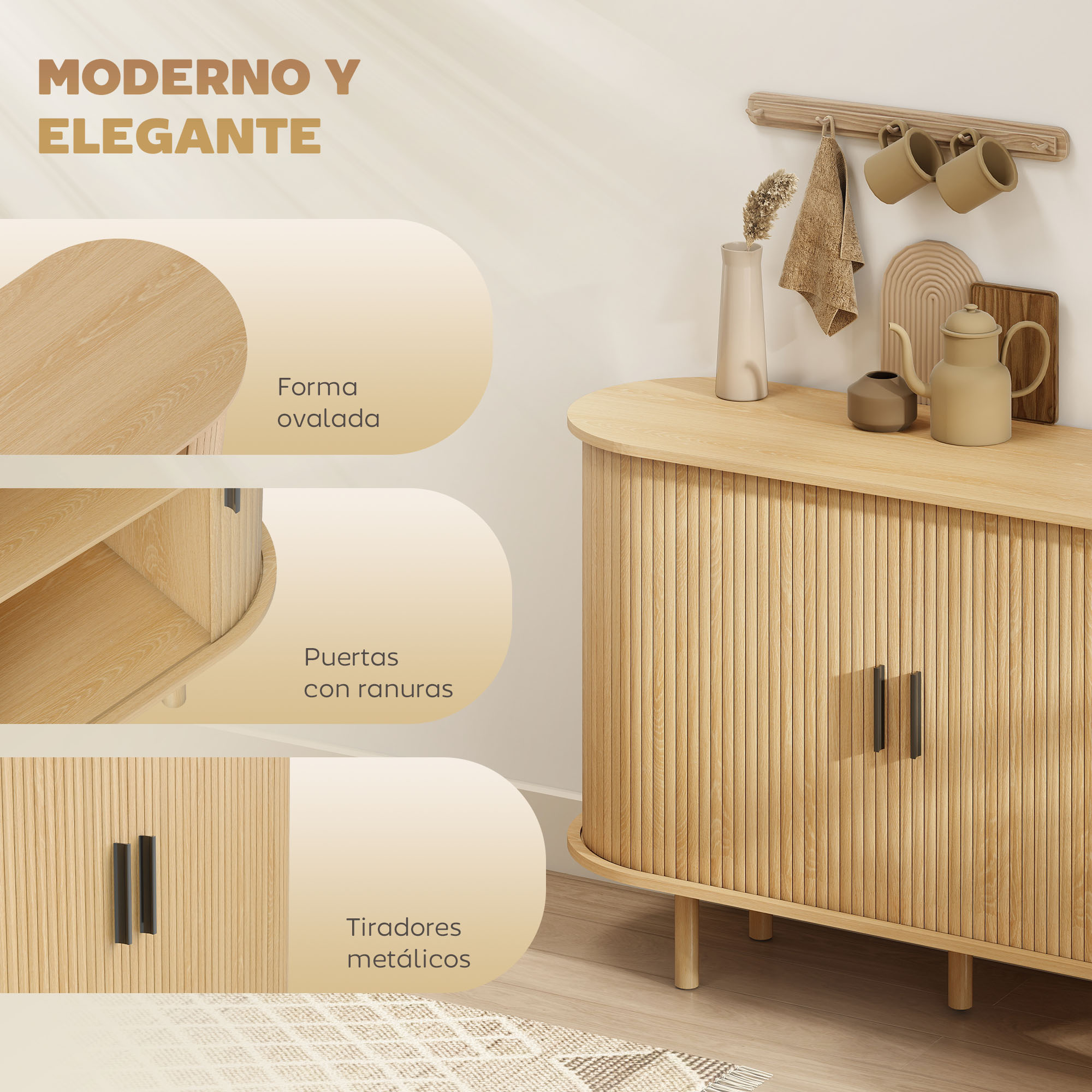 Un armario ovalado de madera con puertas acanaladas, tiradores negros.