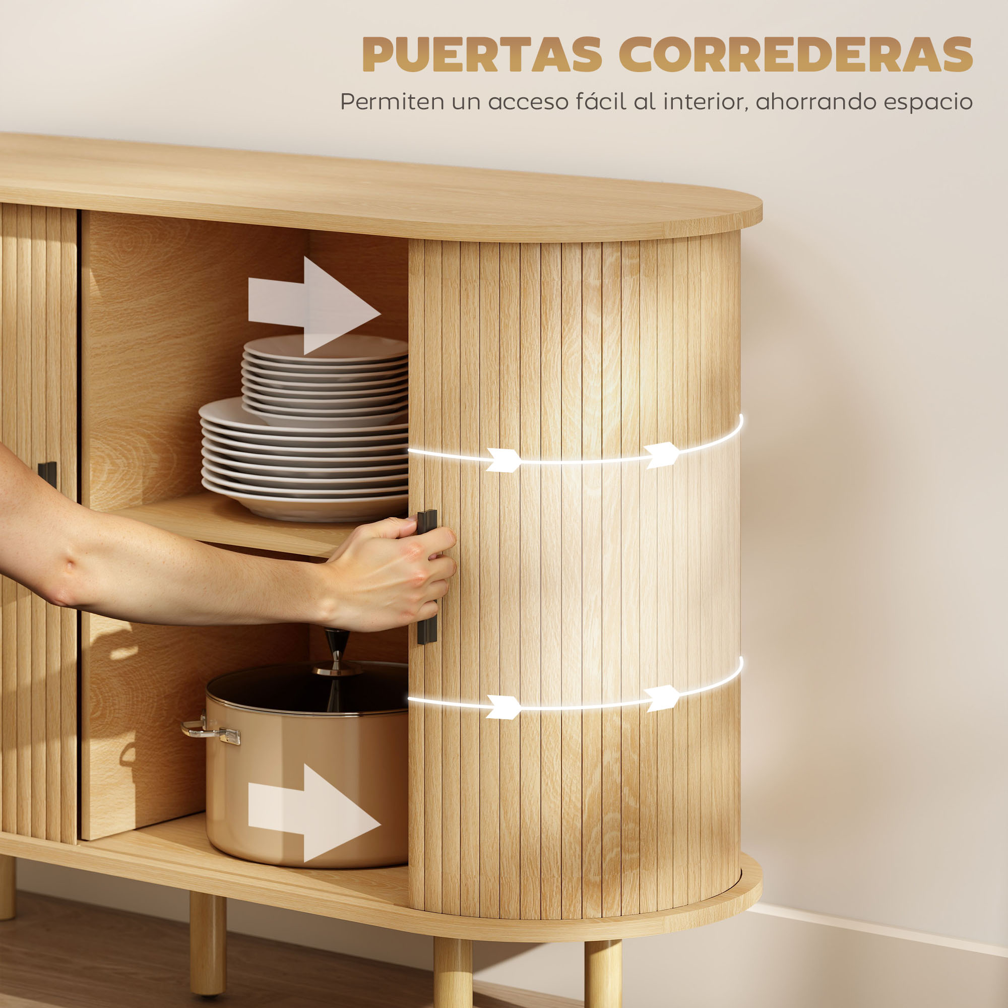 Armario de madera con puertas correderas, con platos y olla. Una mano abre una puerta.