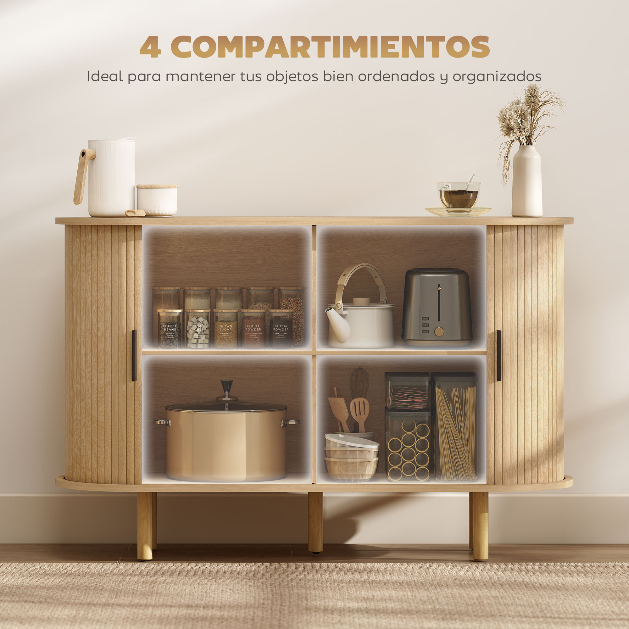 Un mueble de madera con cuatro compartimentos llenos de utensilios.