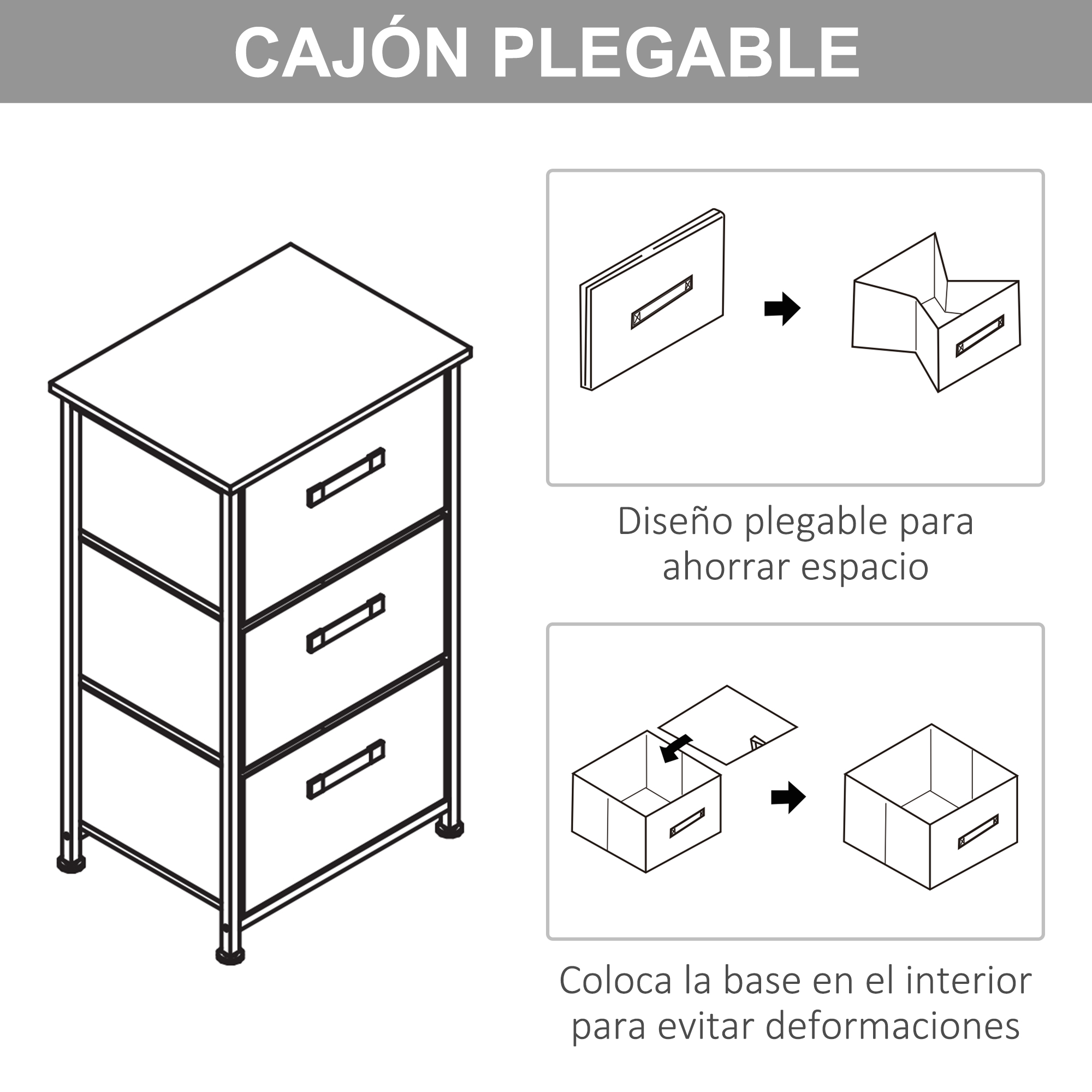 Un armario de tela plegable con tres cajones e instrucciones de montaje.