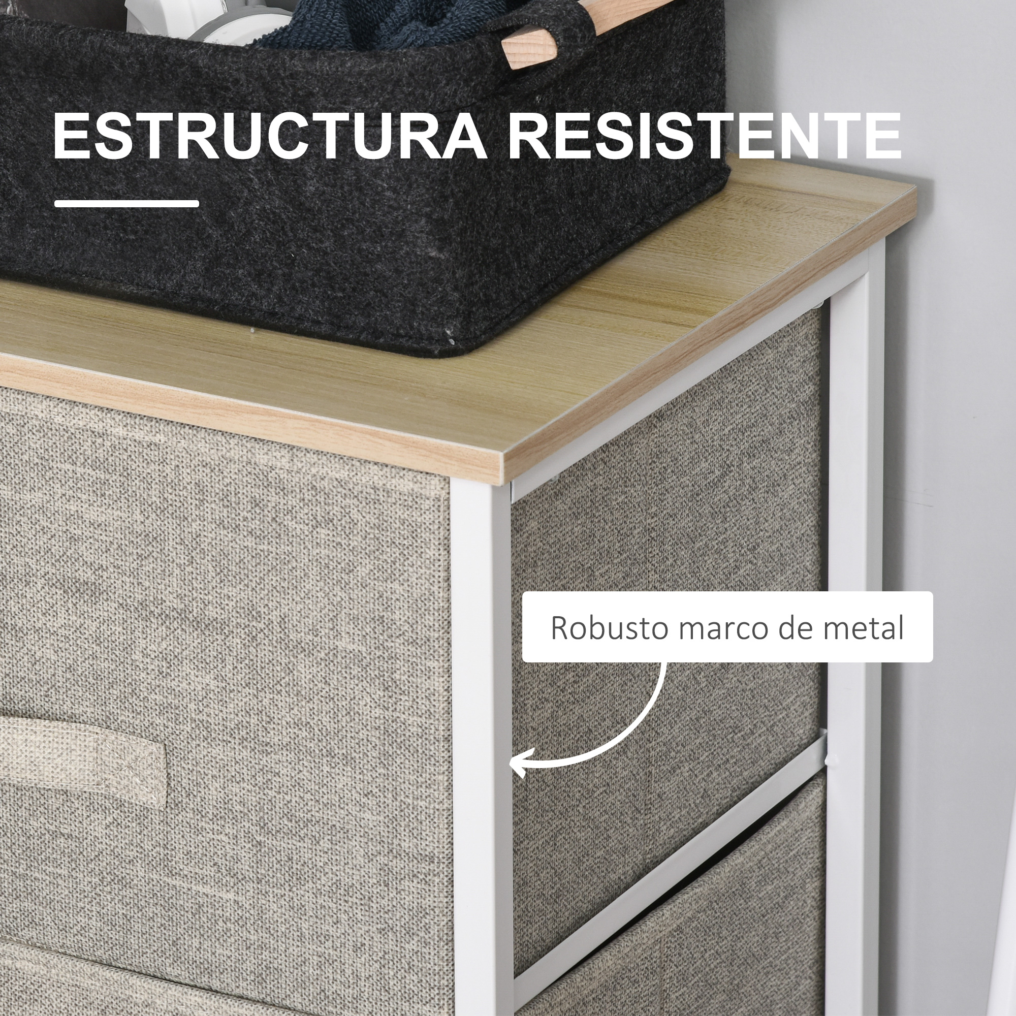 Cómoda con cajones de tela y tapa de madera. Robusto marco metálico.