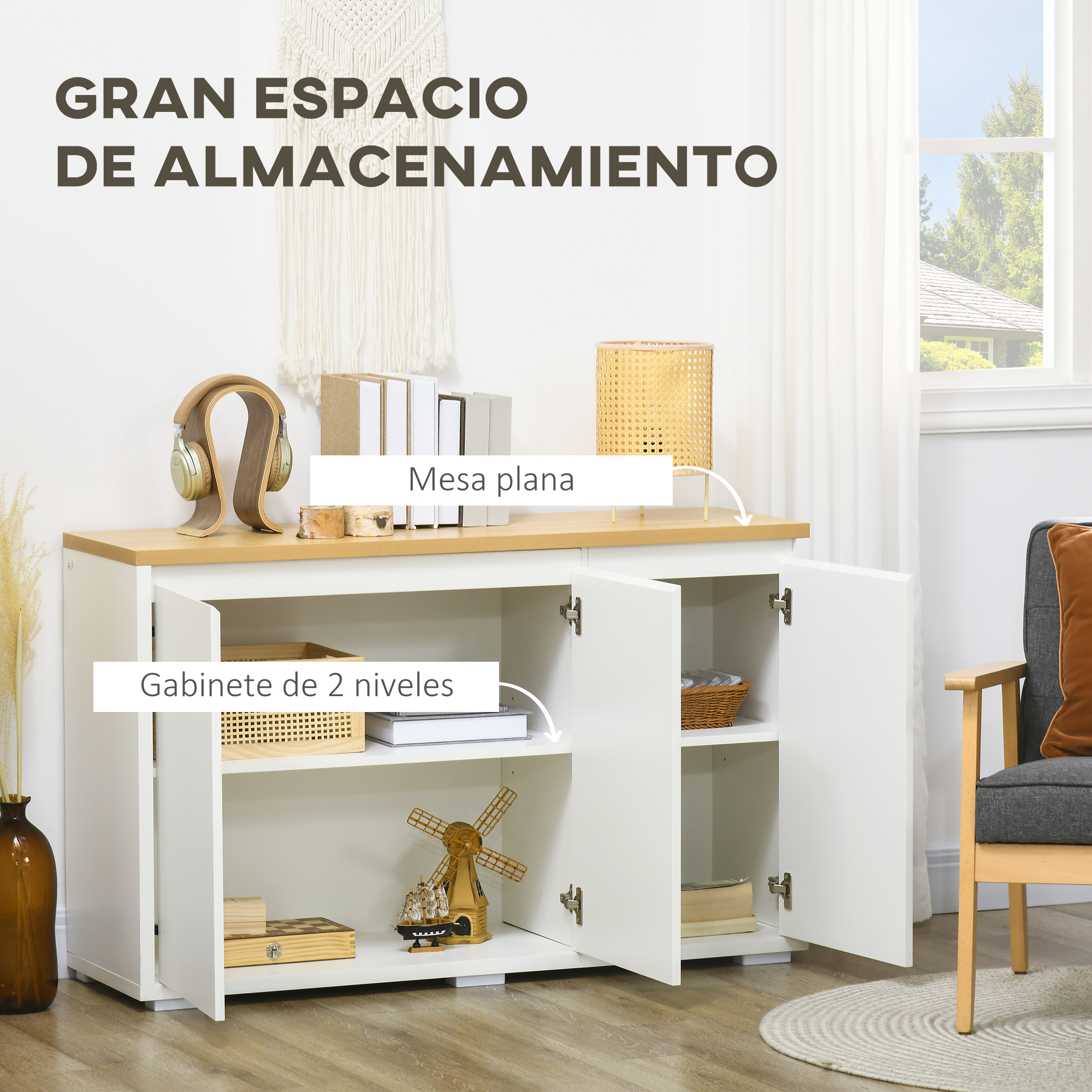 Un armario blanco con tapa de madera, soporte para auriculares, libros y lámpara.