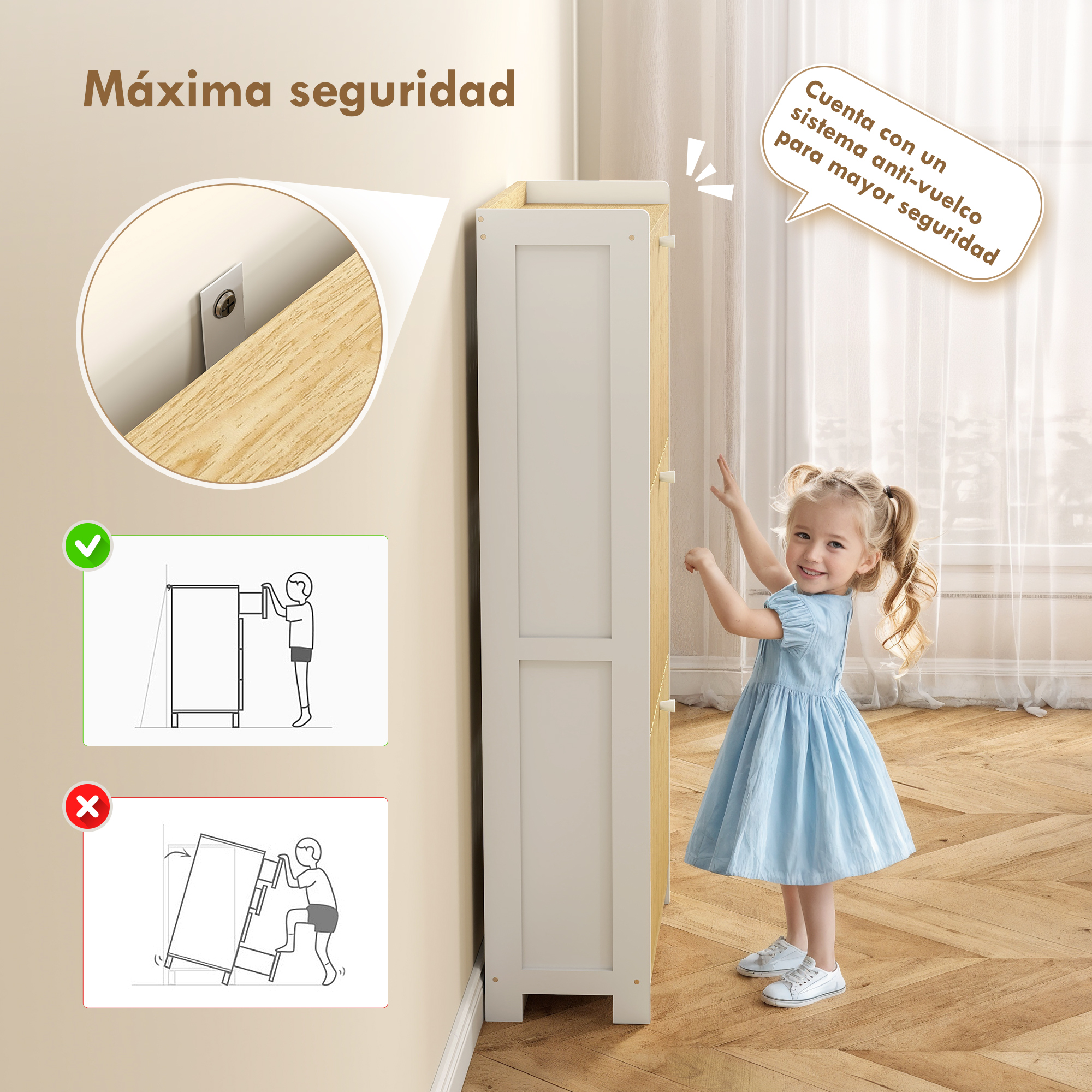 Una niña con vestido azul junto a estante blanco. Sistema antivuelco mostrado.