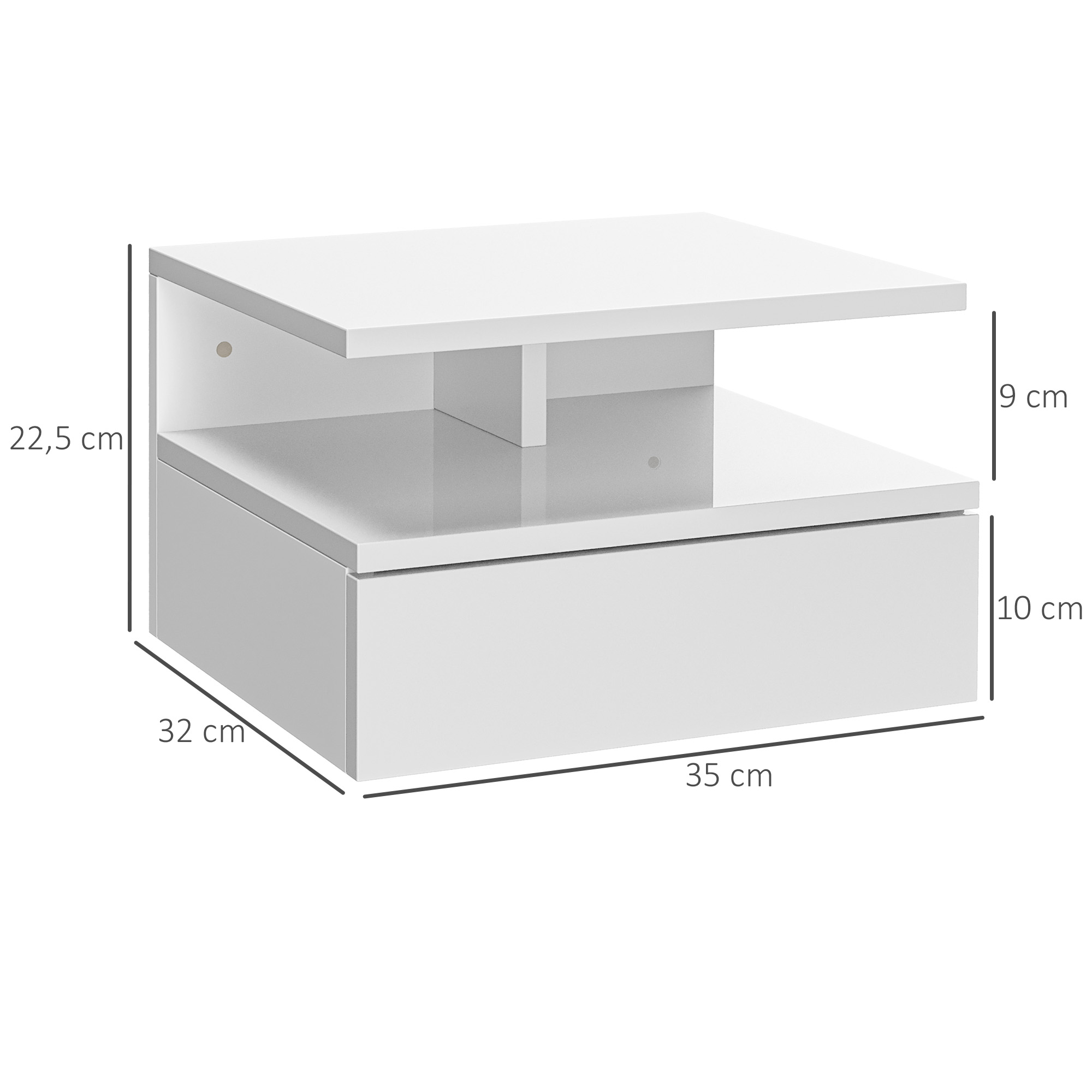 Una mesita de noche blanca con cajón, se indican las dimensiones.
