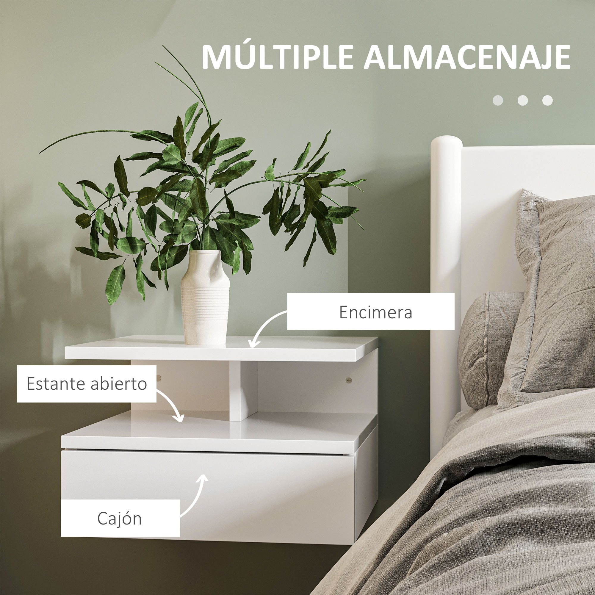 Un estante blanco de pared con compartimento y cajón junto a una cama.