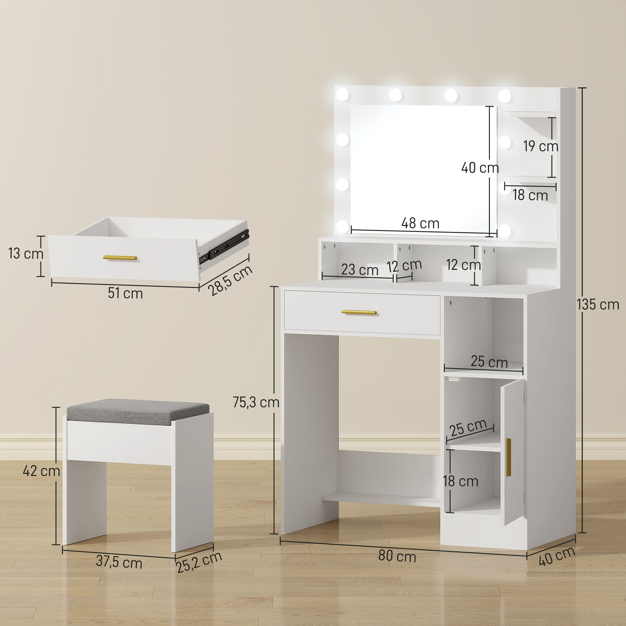 Tocador blanco con espejo, luces, cajón y taburete.