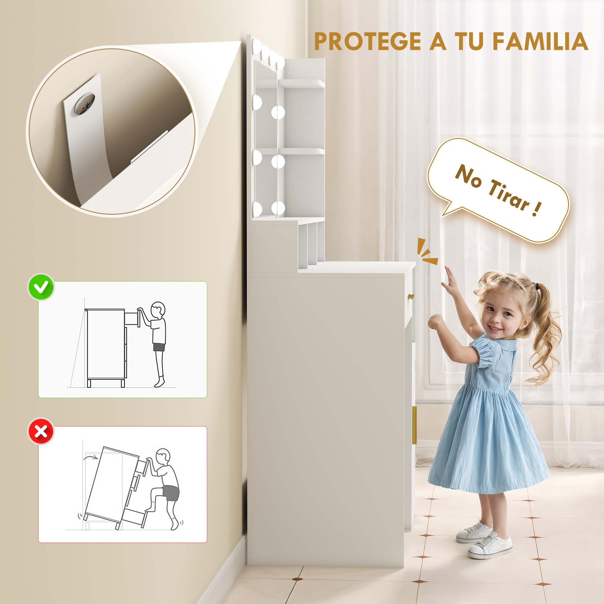 Una niña con vestido azul está cerca de un tocador blanco con luces. Advertencias.