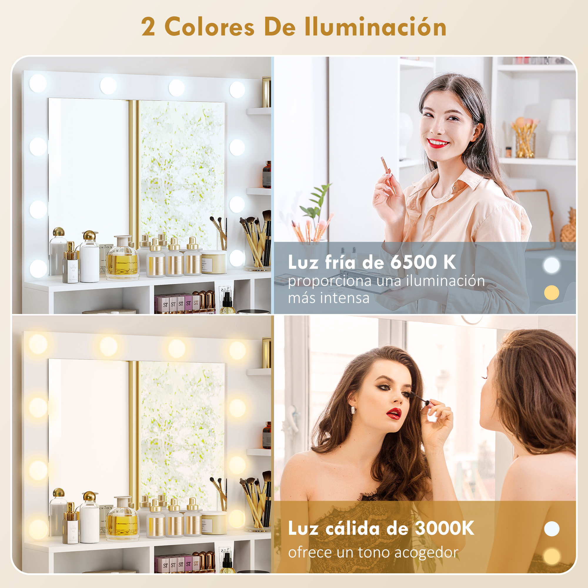 Tocador con dos opciones de iluminación: luz fría (6500K) y luz cálida (3000K).