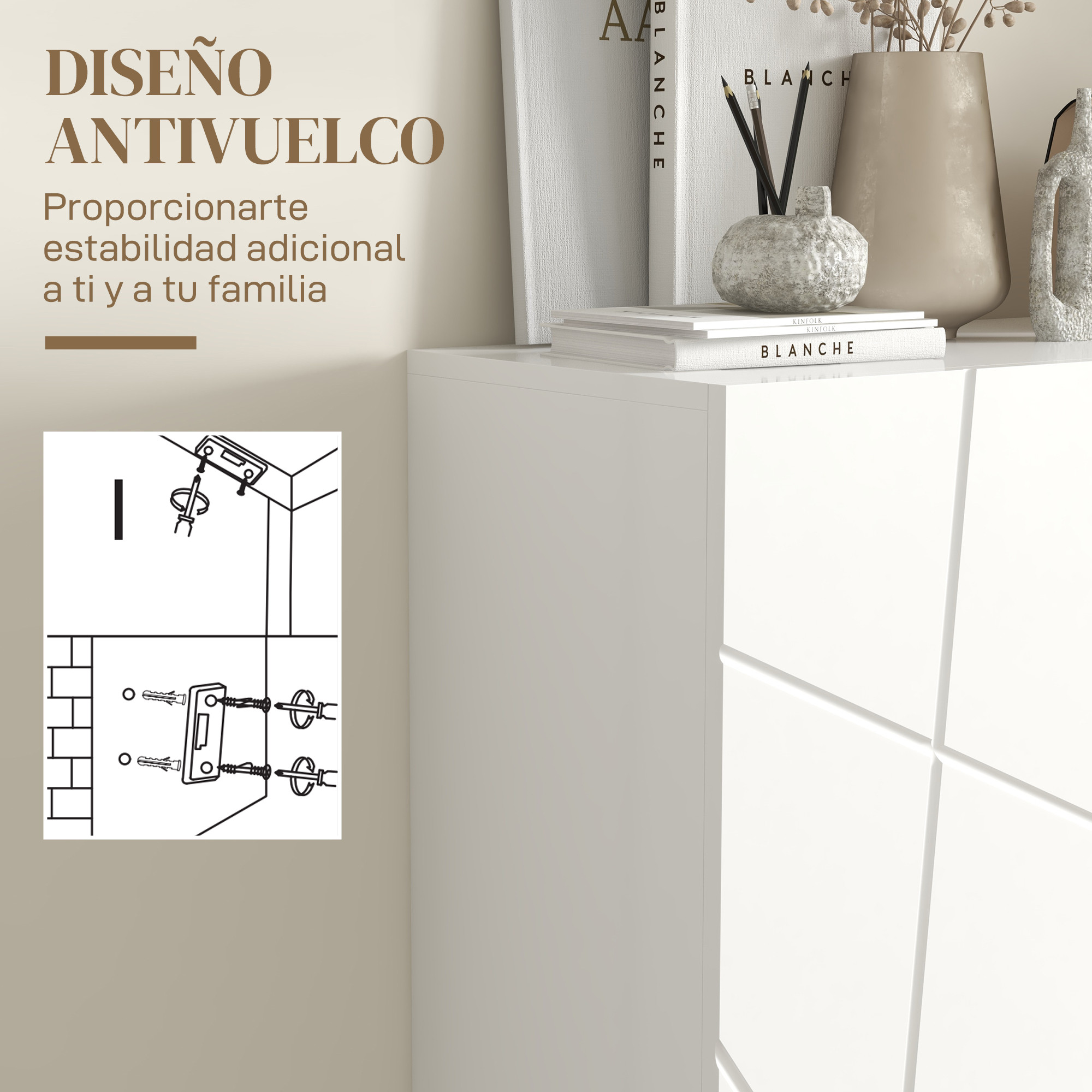 Imagen de cómoda blanca con decoración e instrucciones de instalación antivuelco.