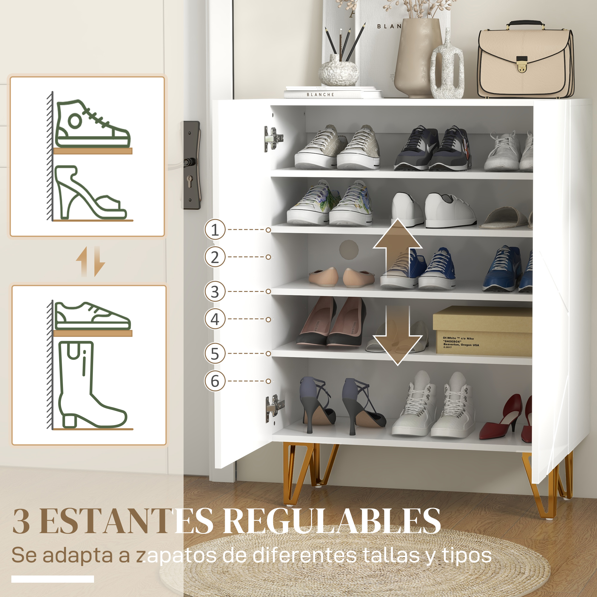 Zapatero blanco con zapatos en estantes. Patas doradas. Gráfico muestra tipos.