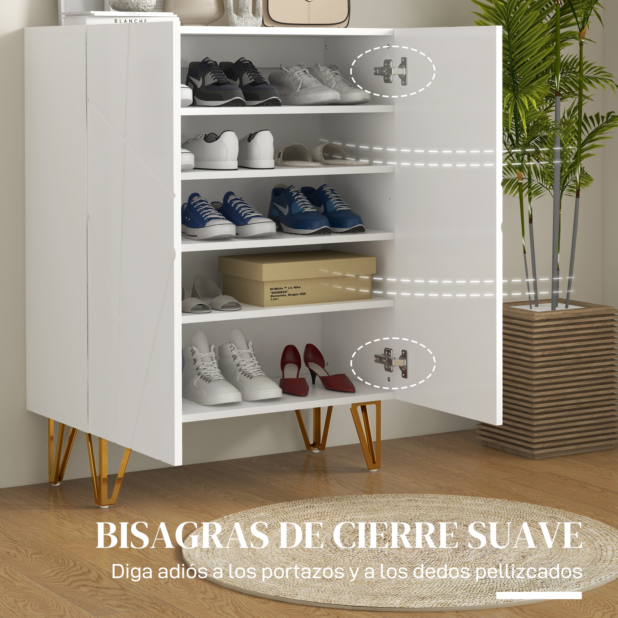 Un zapatero blanco con puertas abiertas, lleno de zapatos y zapatillas.