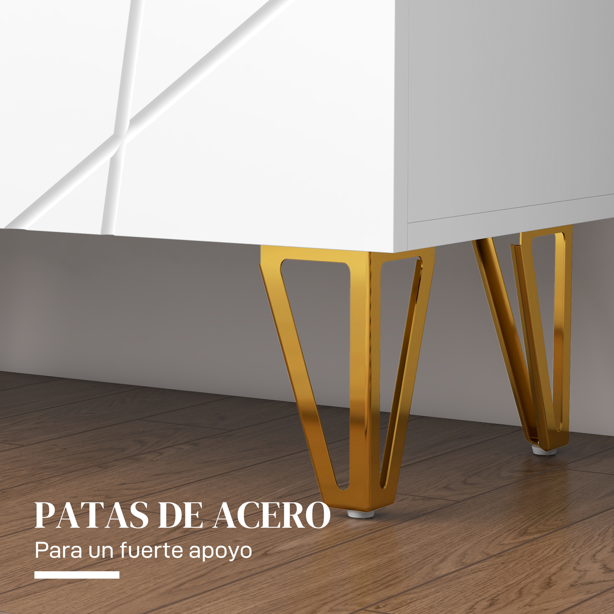 Frente de mueble blanco con patas metálicas doradas en V sobre suelo de madera.